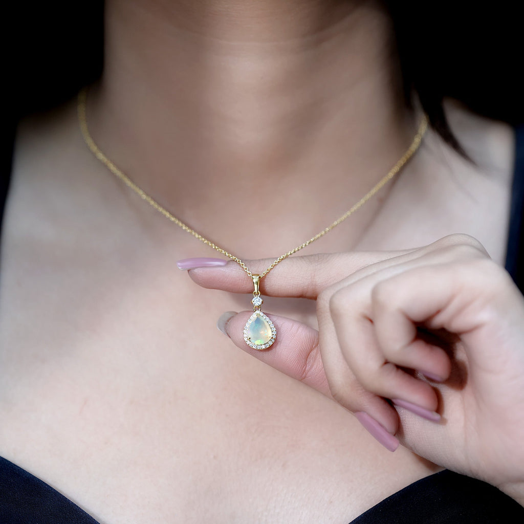 Certified Ethiopian Opal and Diamond Teardrop Necklace with Chain