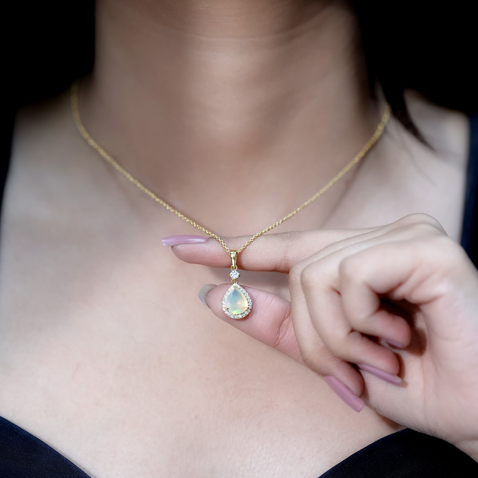 Certified Ethiopian Opal and Diamond Teardrop Necklace with Chain