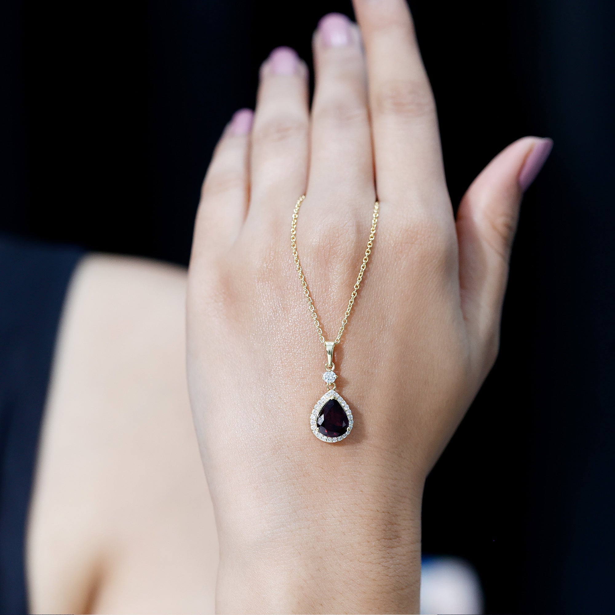 3.25 Carat Rhodolite Teardrop Necklace with Diamond Halo