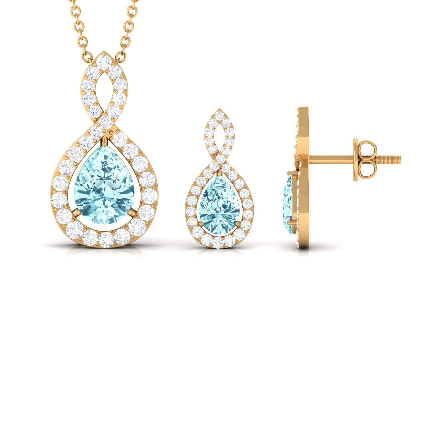 Natural Aquamarine Infinity Pendant Earrings Set for Women