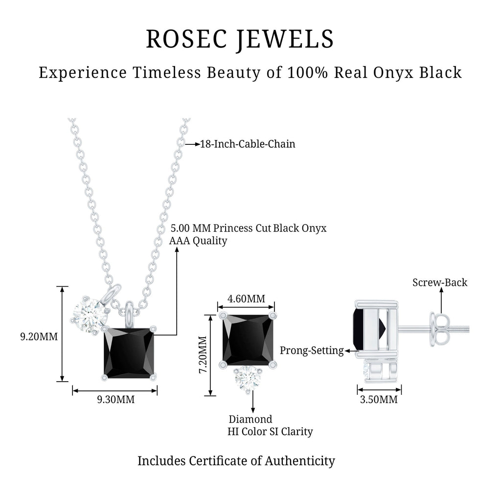 Natural 1.65 Carat Princess Cut Black Onyx Pendant and Earrings Set with Diamond