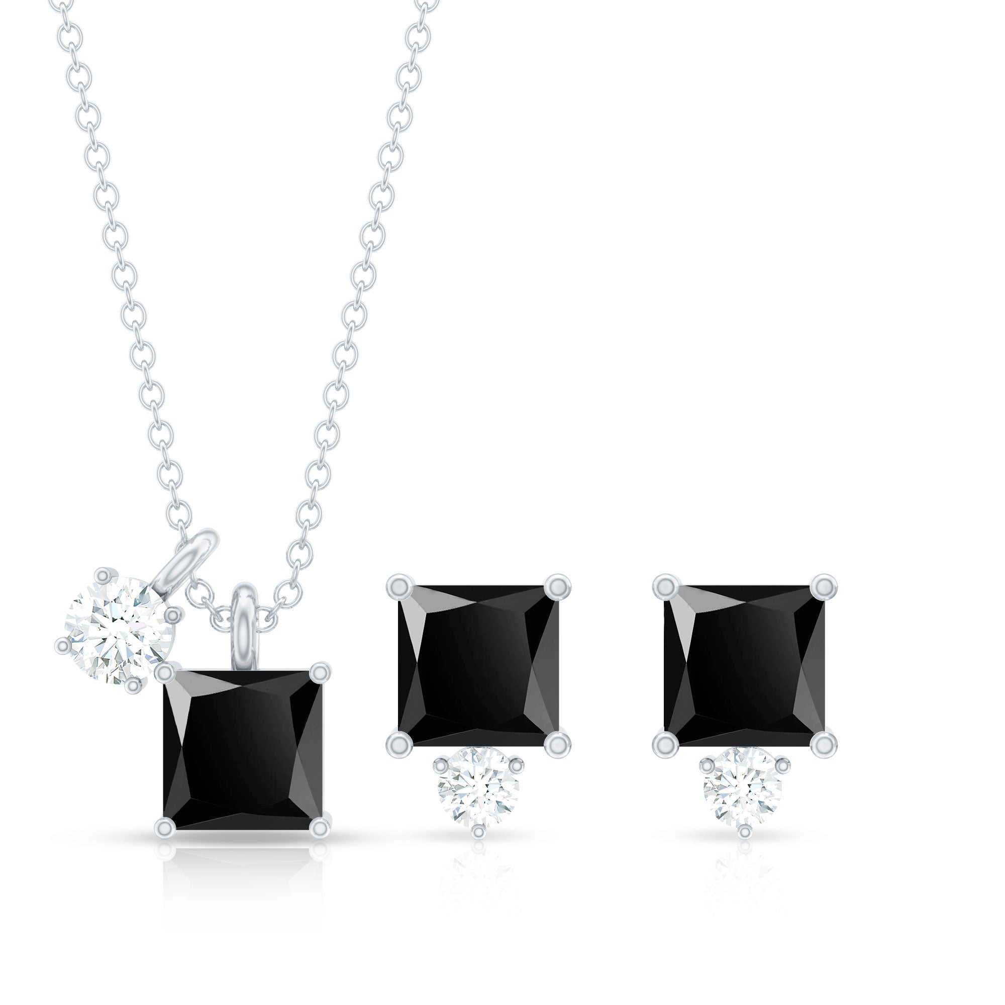 Natural 1.65 Carat Princess Cut Black Onyx Pendant and Earrings Set with Diamond