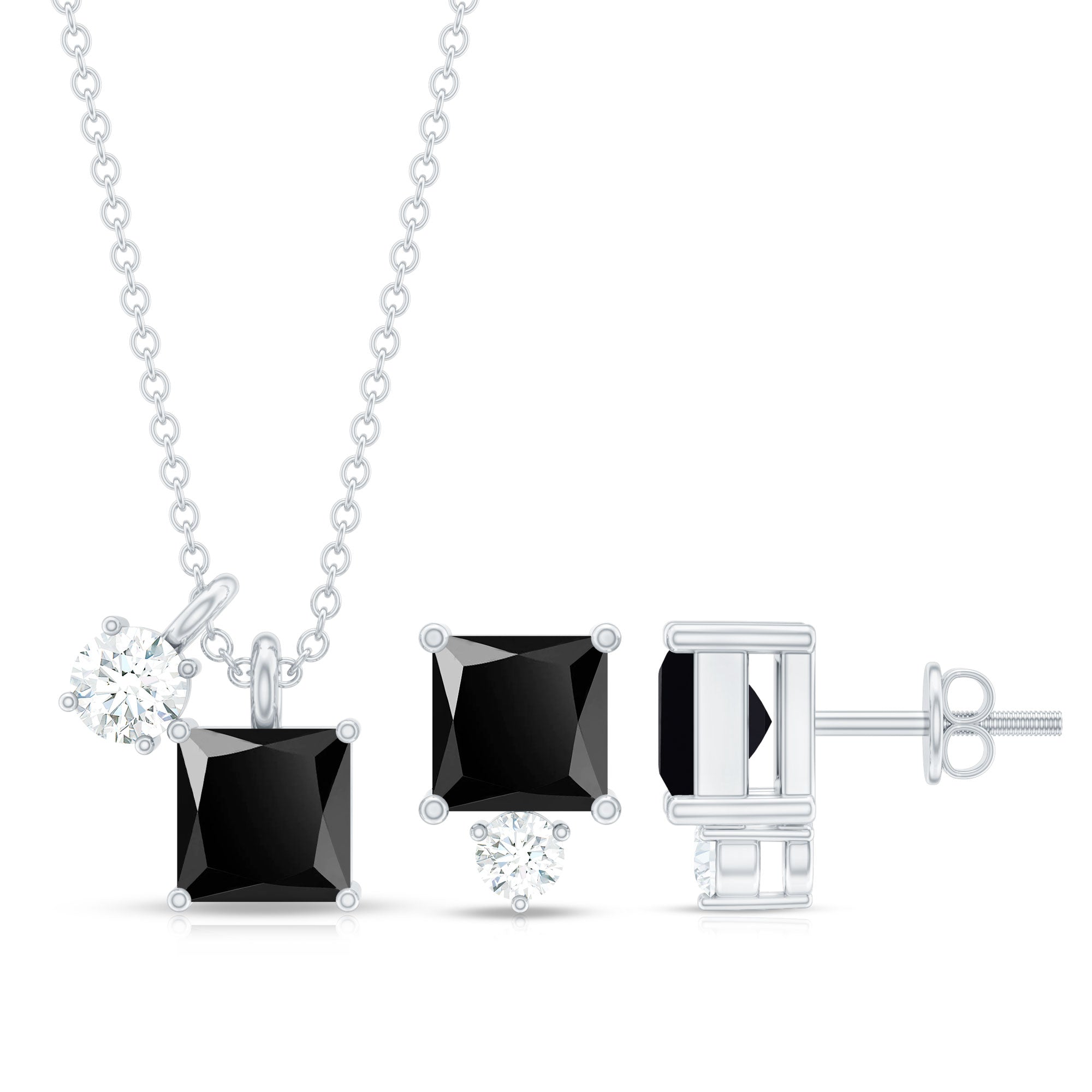 Natural 1.65 Carat Princess Cut Black Onyx Pendant and Earrings Set with Diamond