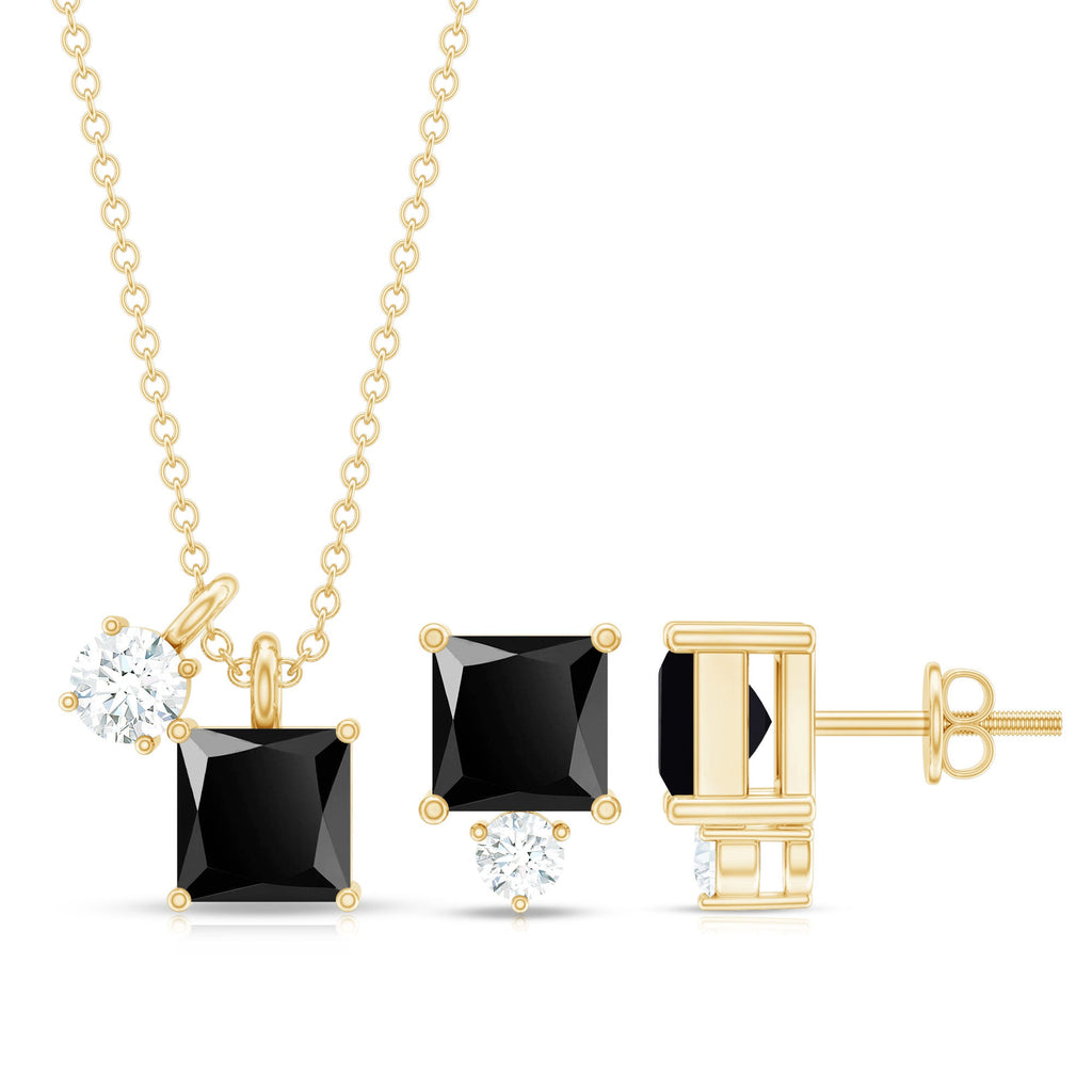 Natural 1.65 Carat Princess Cut Black Onyx Pendant and Earrings Set with Diamond