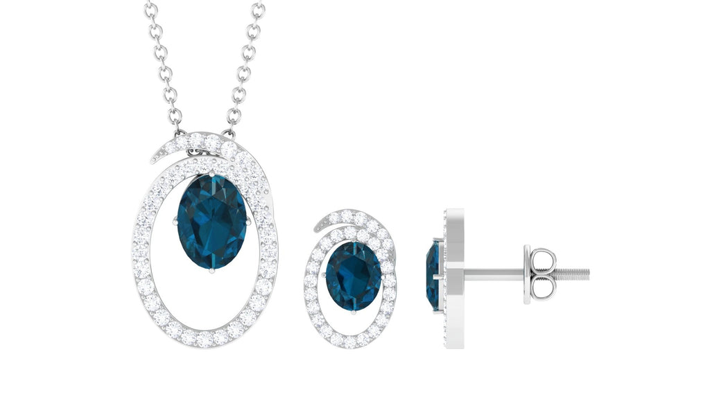 Genuine 1.8 Carat Oval London Blue Topaz and Diamond Necklace and Earrings Set