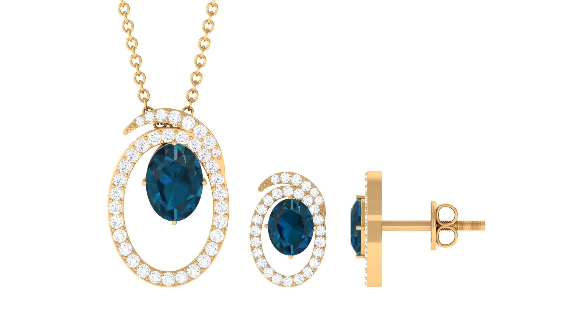 Genuine 1.8 Carat Oval London Blue Topaz and Diamond Necklace and Earrings Set