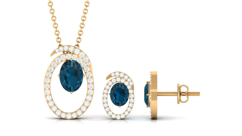 Genuine 1.8 Carat Oval London Blue Topaz and Diamond Necklace and Earrings Set