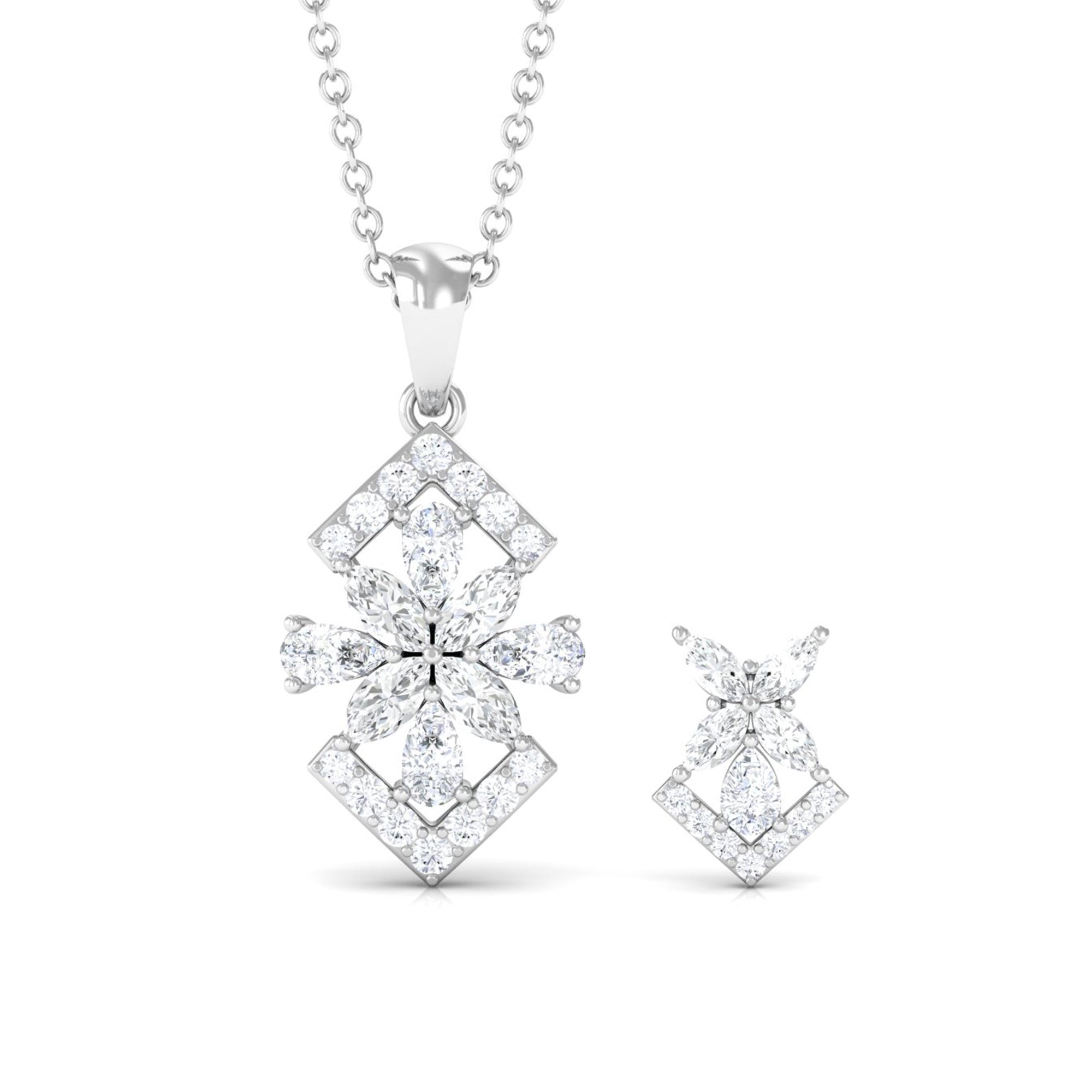 Genuine Diamond Flower Necklace and Earrings Set with Certificate