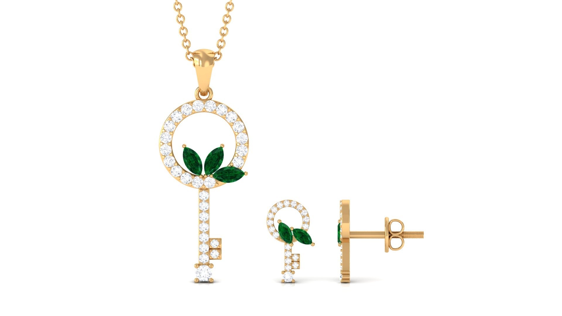 Marquise Cut Emerald and Diamond Key Pendant and Earrings