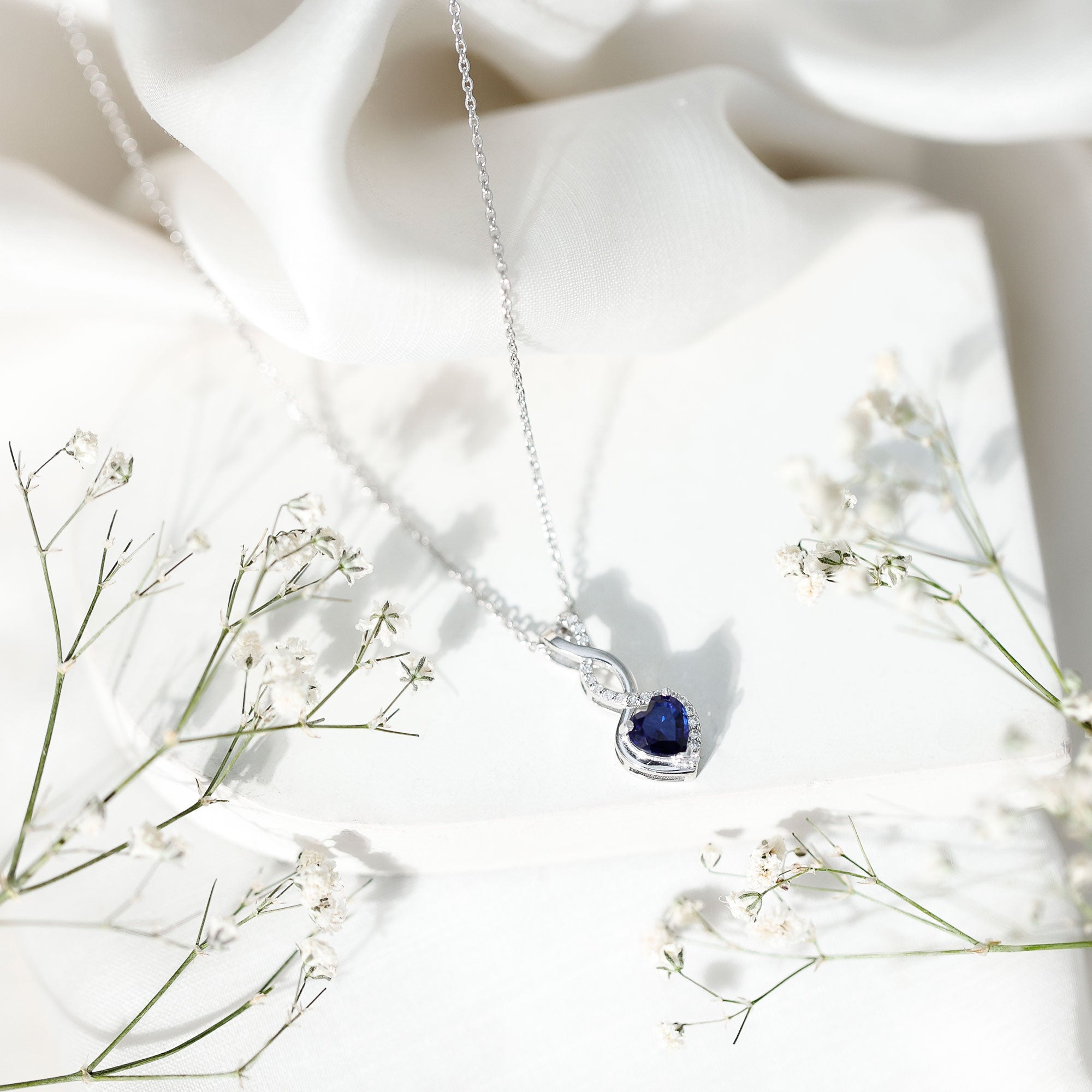 Lab Grown Blue Sapphire and Moissanite Infinity Heart Necklace with Chain