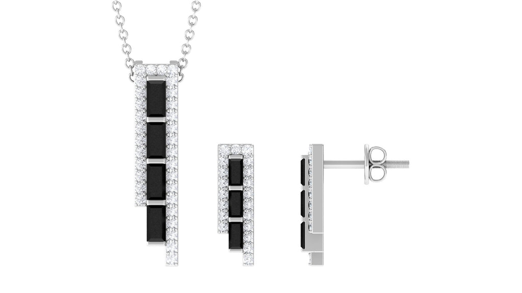 Real Baguette Shape Black Onyx Diamond Bar Jewelry Set for Women
