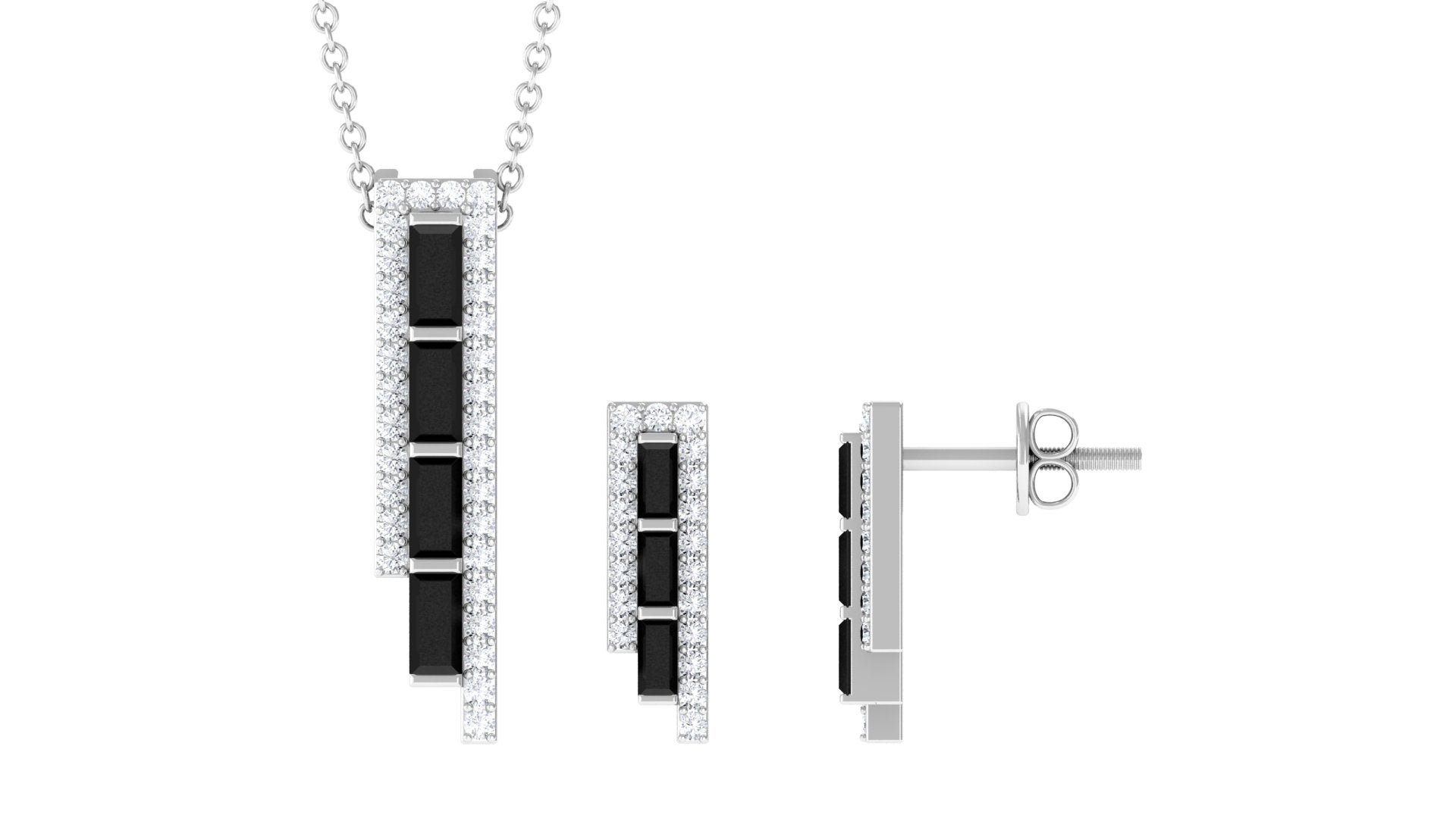Real Baguette Shape Black Onyx Diamond Bar Jewelry Set for Women