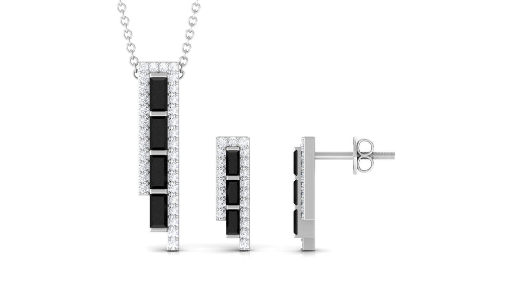 Real Baguette Shape Black Onyx Diamond Bar Jewelry Set for Women