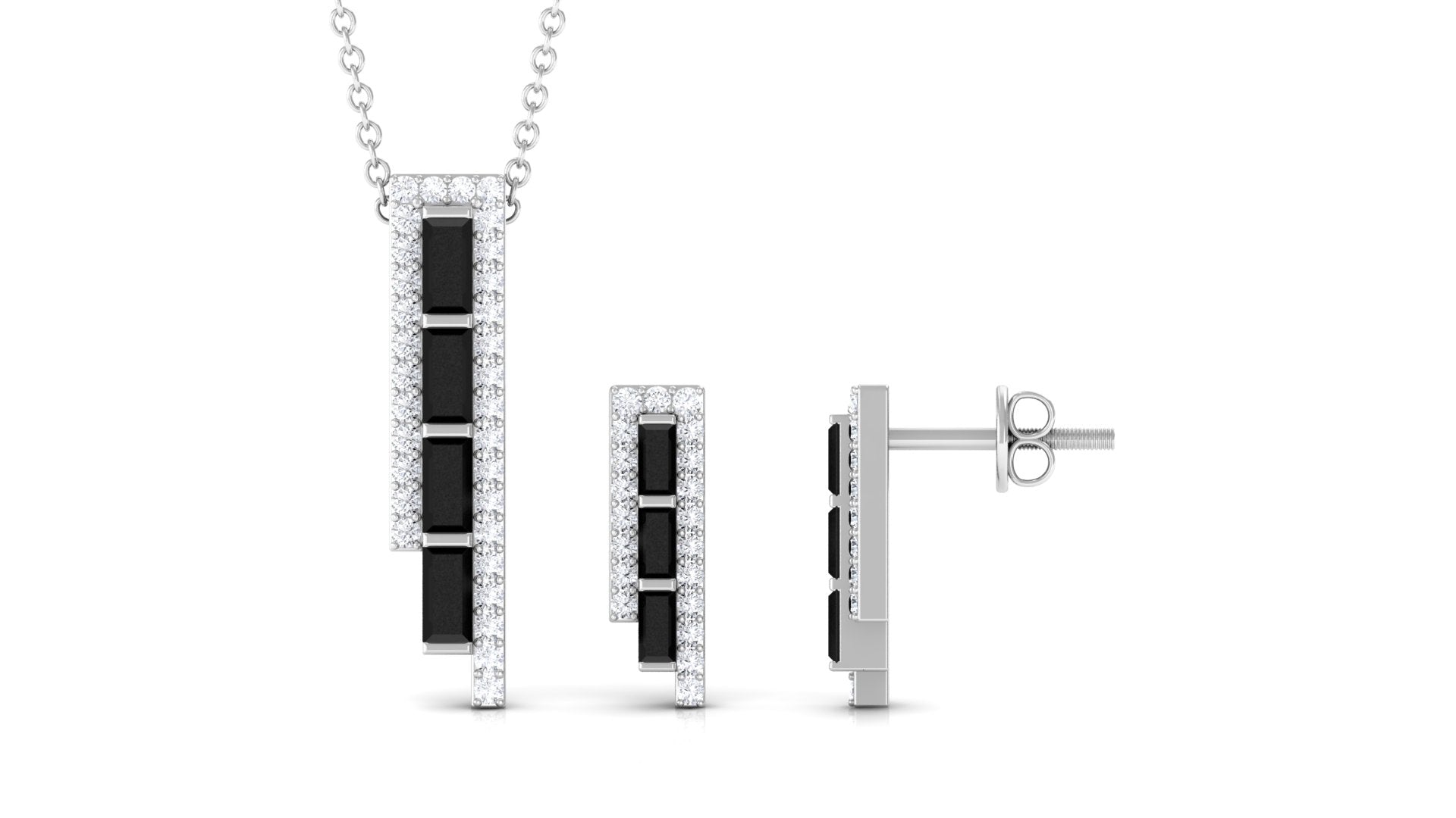 Real Baguette Shape Black Onyx Diamond Bar Jewelry Set for Women