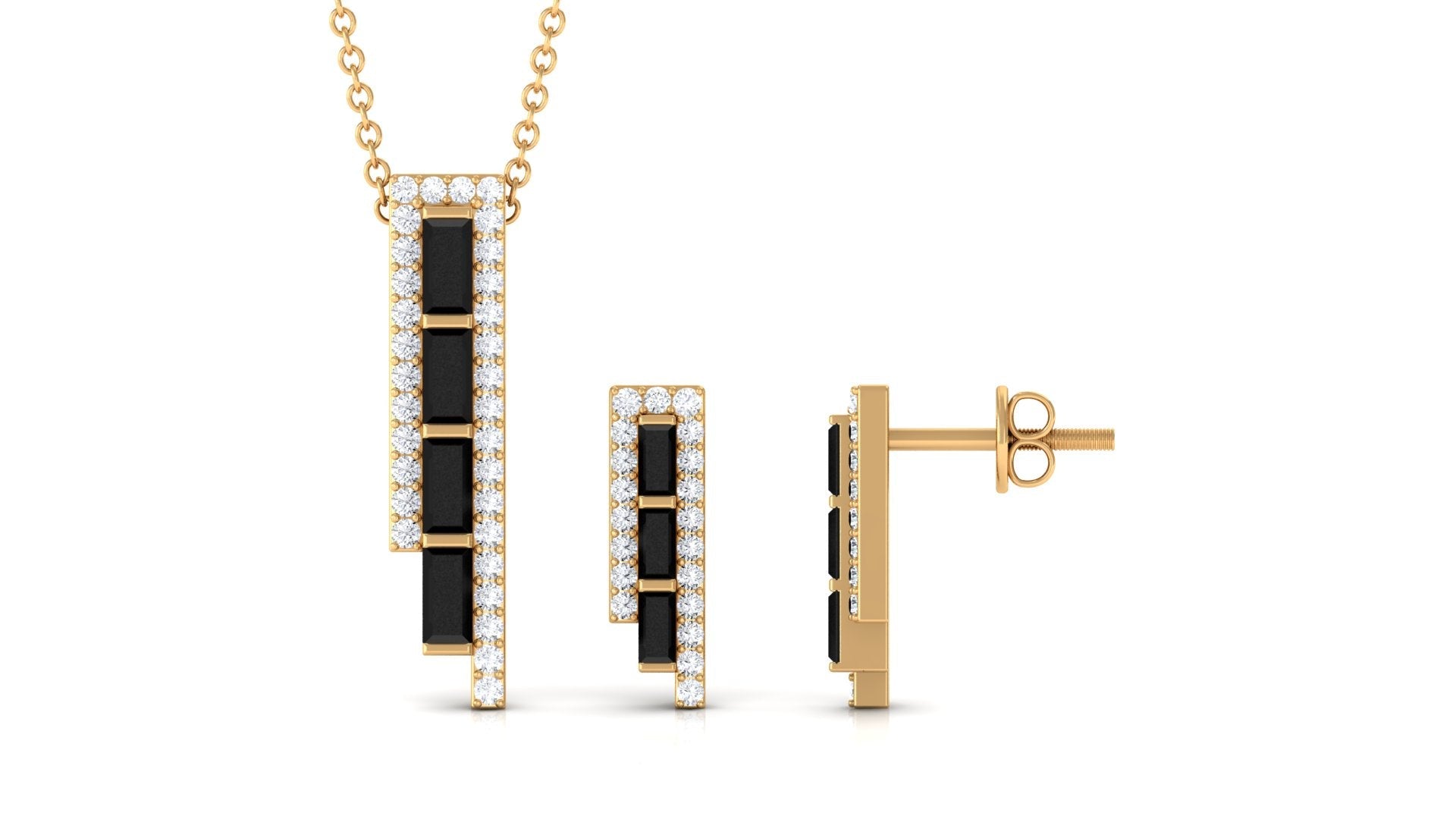 Real Baguette Shape Black Onyx Diamond Bar Jewelry Set for Women