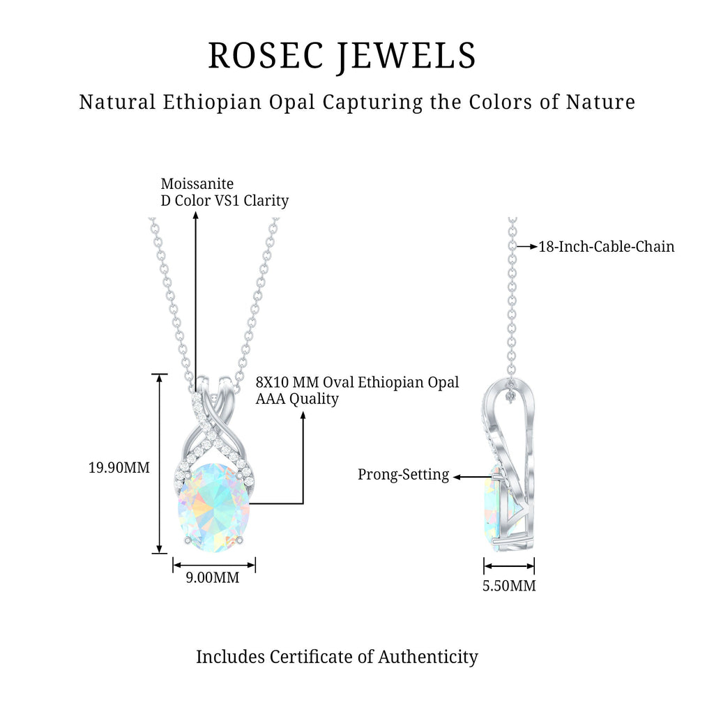 8X10 MM Oval Rainbow Opal Solitaire Necklace with Moissanite