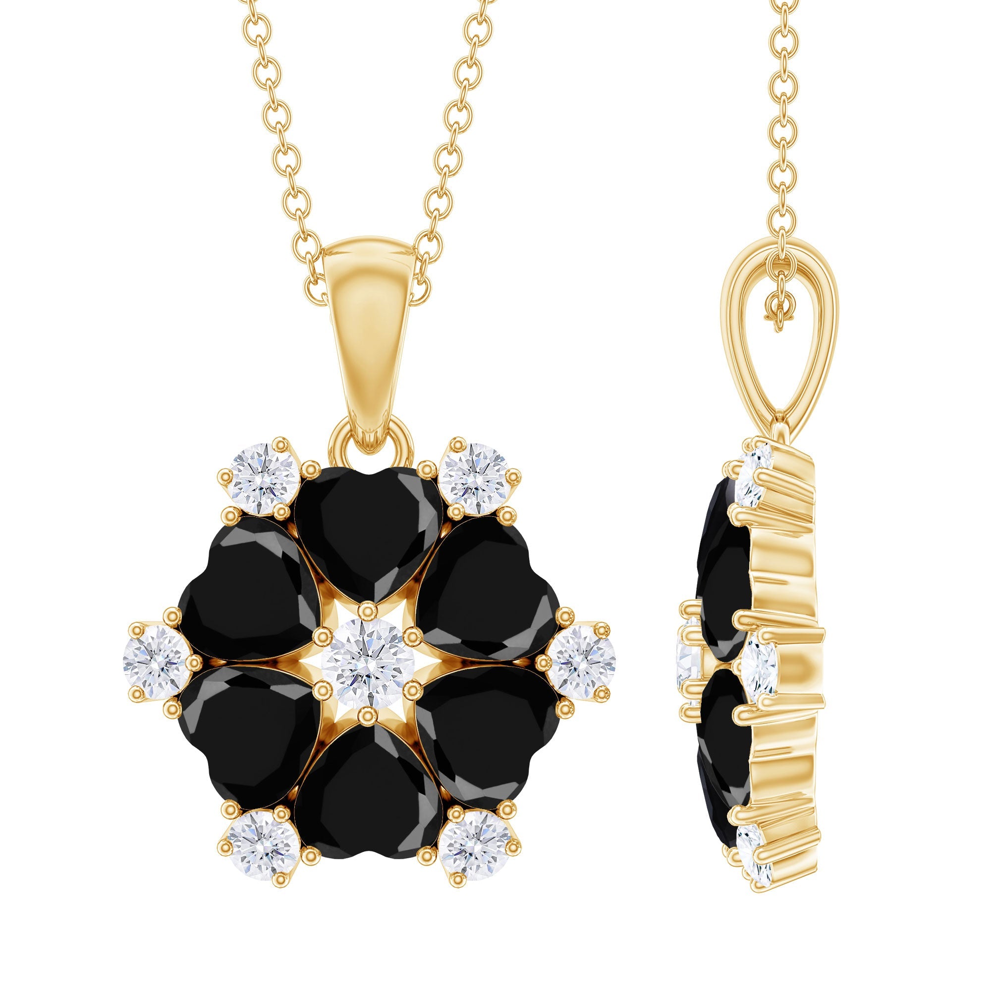 Natural Heart Shape Black Onyx Flower Pendant Necklace With Chain