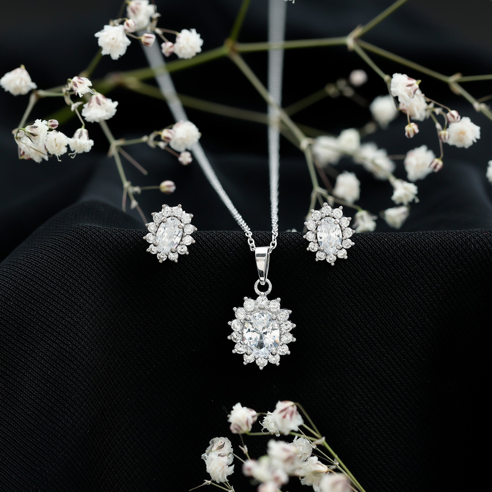 Oval Shaped Cubic Zirconia Halo Pendant and Earrings Set