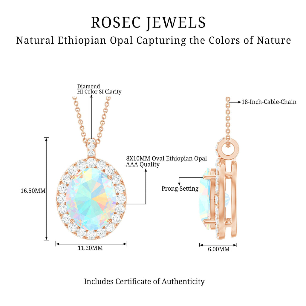Real 1 Carat Ethiopian Opal Oval Pendant Necklace with Diamond Halo