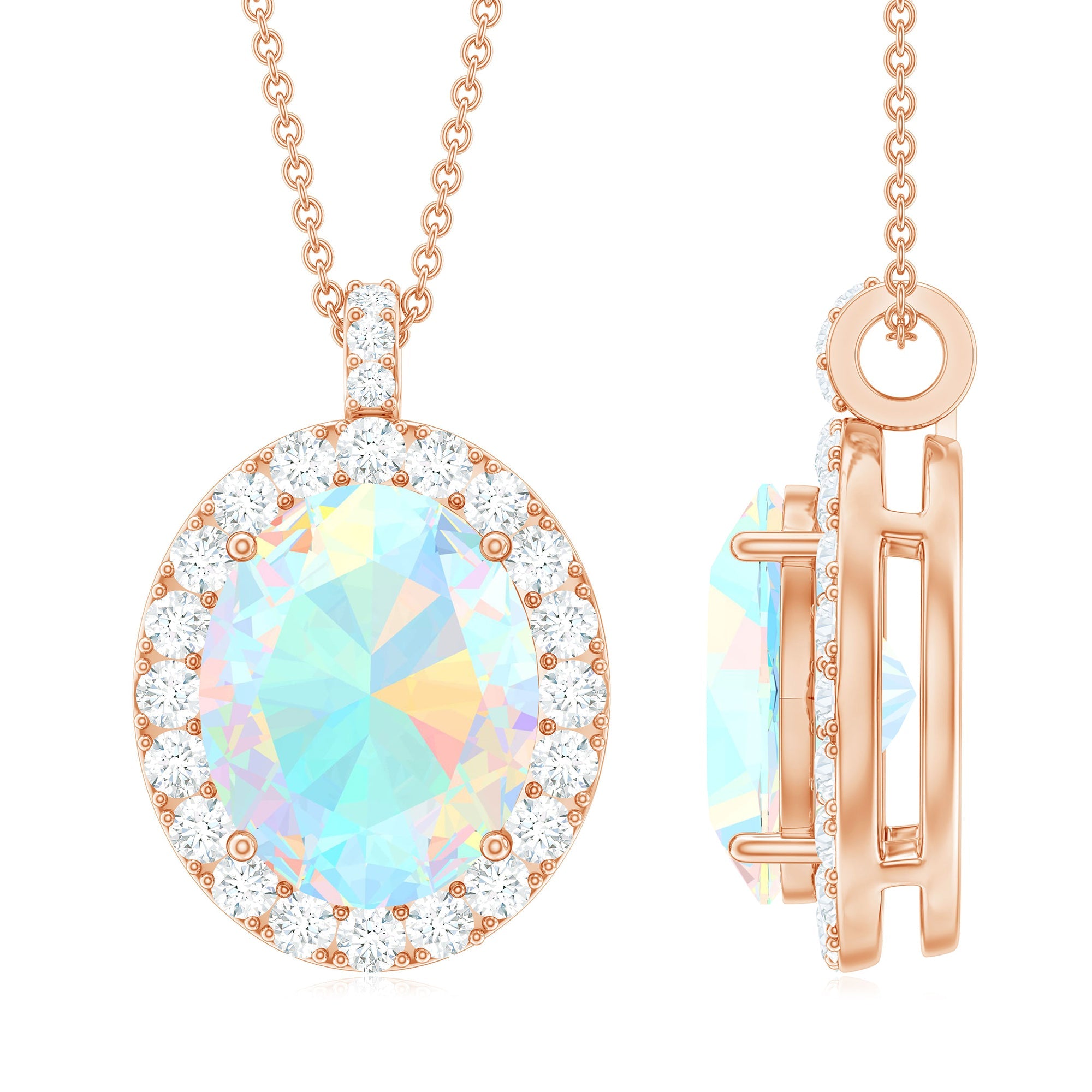 Real 1 Carat Ethiopian Opal Oval Pendant Necklace with Diamond Halo