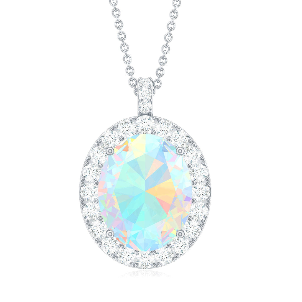 Real 1 Carat Ethiopian Opal Oval Pendant Necklace with Diamond Halo