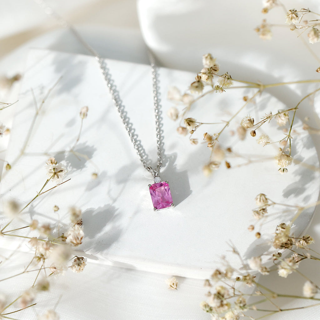 Emerald Cut 1.75 Carat Lab Grown Pink Sapphire Solitaire Necklace with Diamond