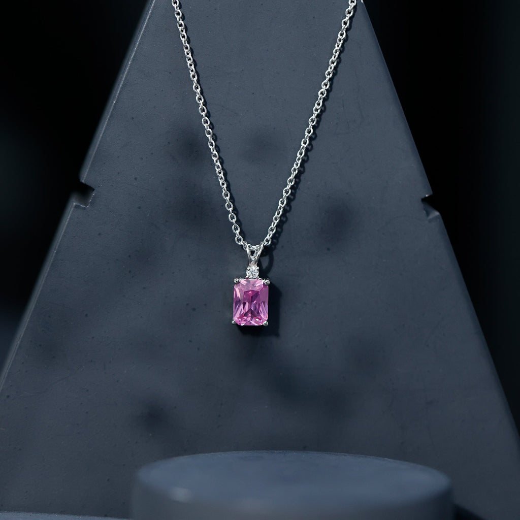 Emerald Cut 1.75 Carat Lab Grown Pink Sapphire Solitaire Necklace with Diamond