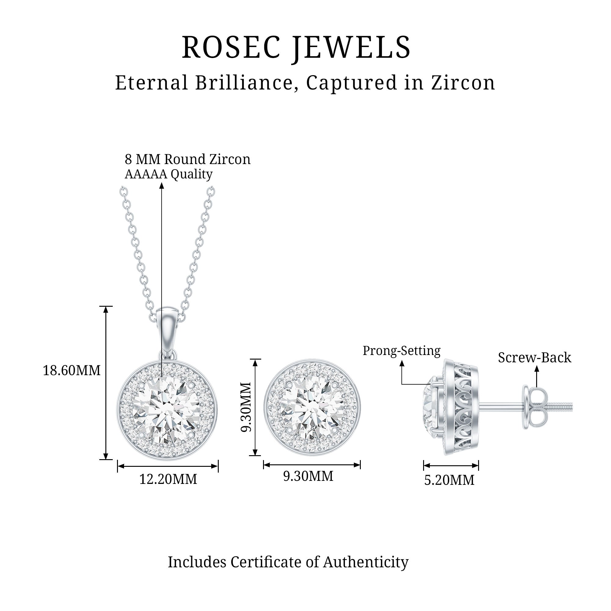 Certified 4 Carat Round Cubic Zirconia Halo Necklace and Earrings in Silver