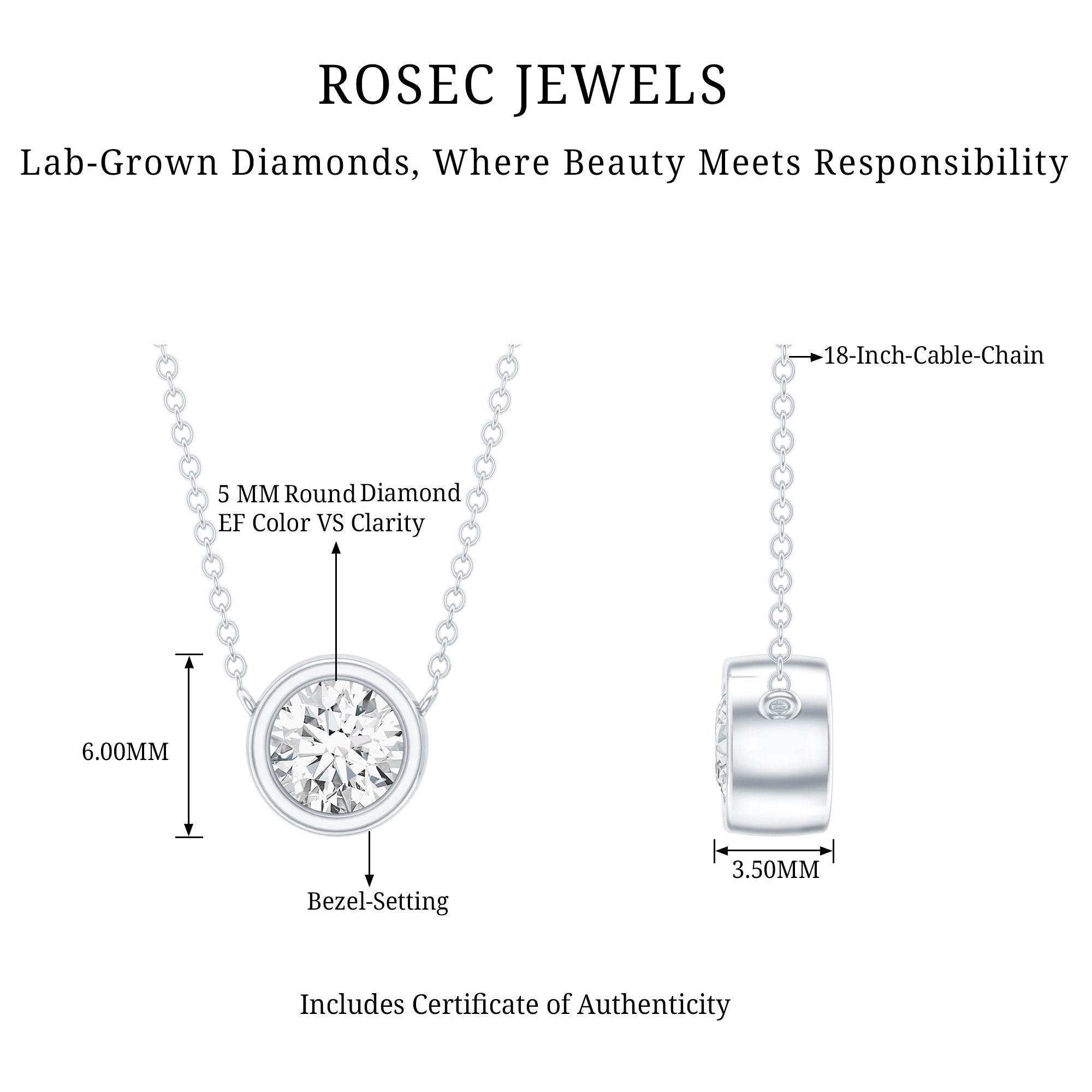 Bezel Set Lab 5 MM Round Diamond Solitaire Necklace