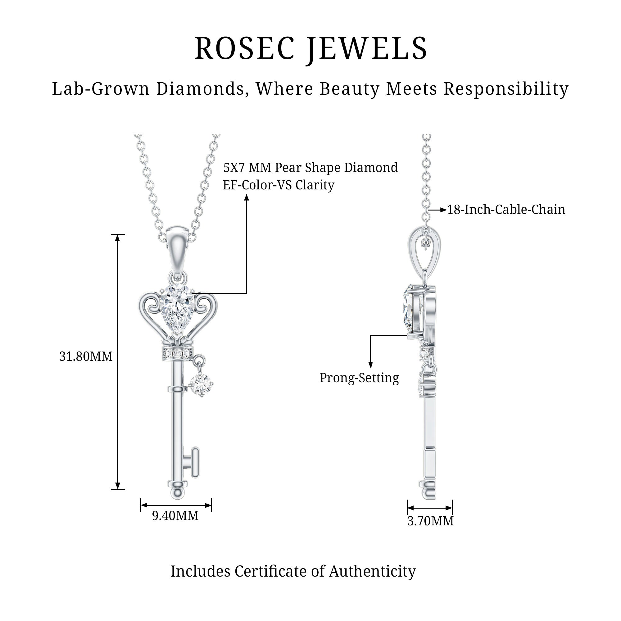 Certified Lab 5X7 MM Pear Shaped Diamond Key Pendant
