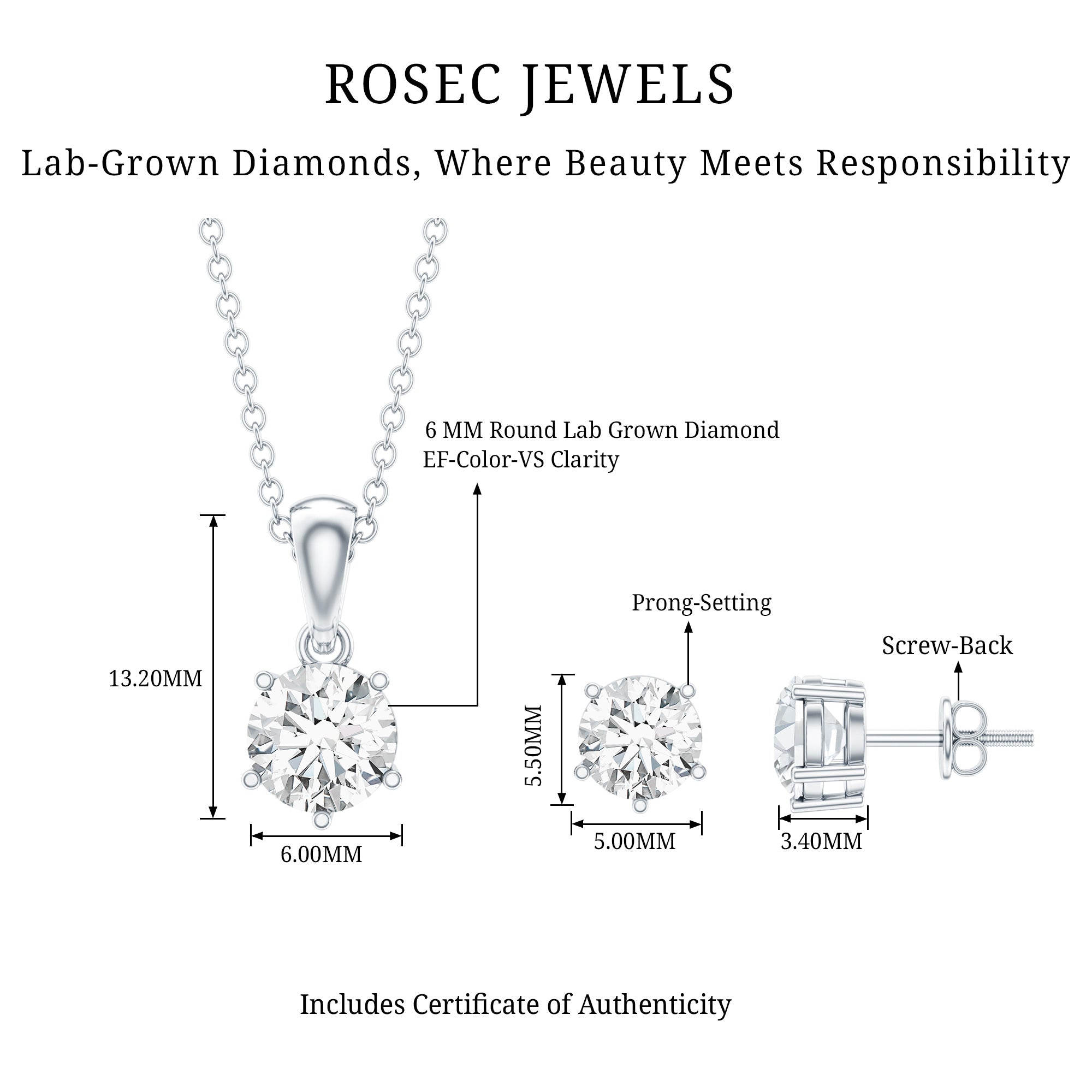 Certified Lab Grown Diamond Solitaire Necklace and Earrings Set