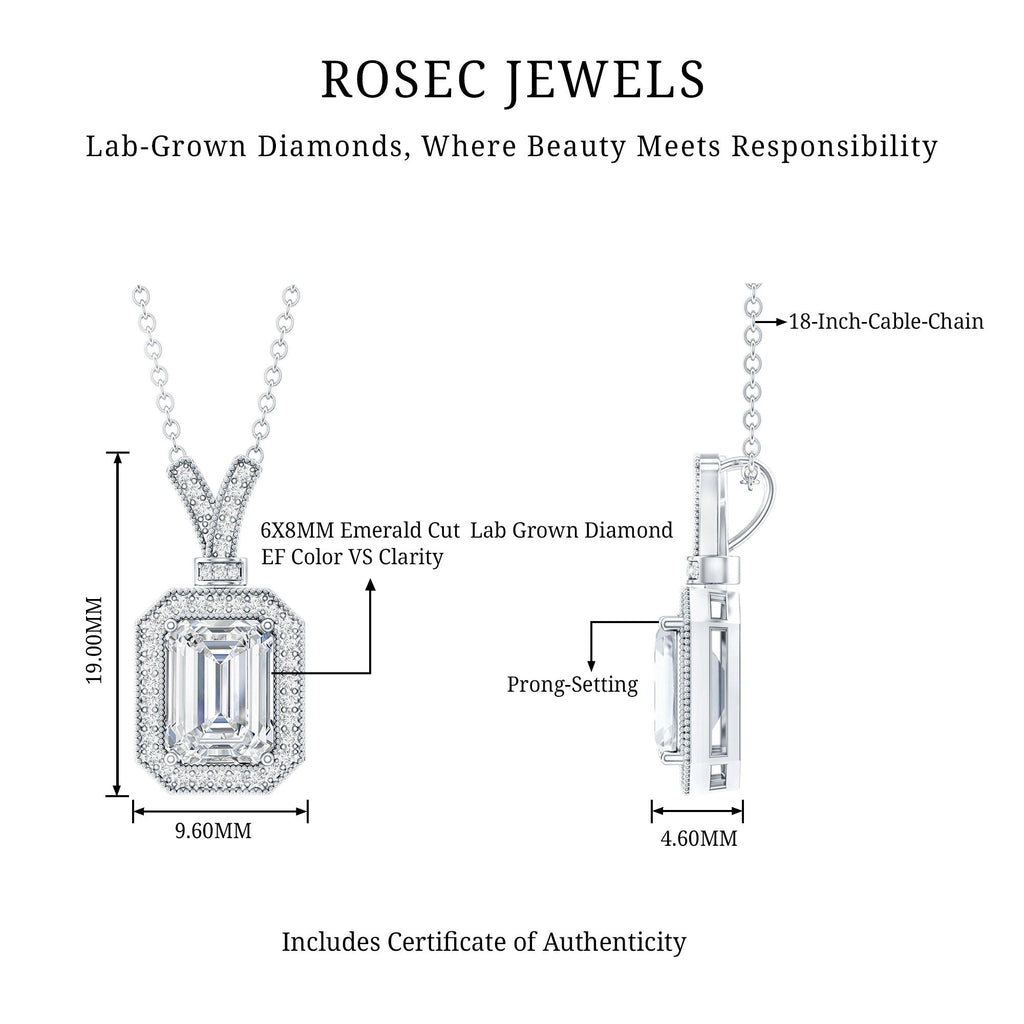 Lab Created Diamond 6X8 MM Emerald Cut Halo Necklace