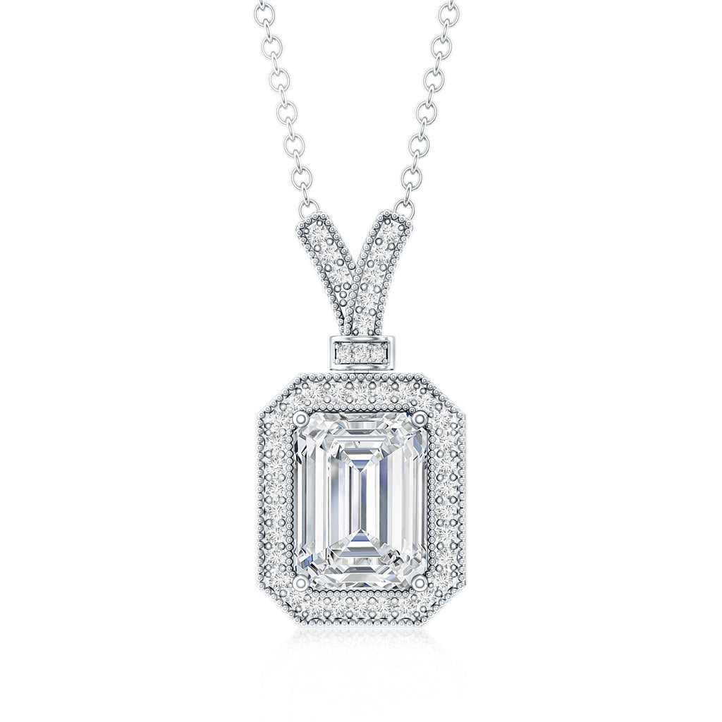 Lab Created Diamond 6X8 MM Emerald Cut Halo Necklace