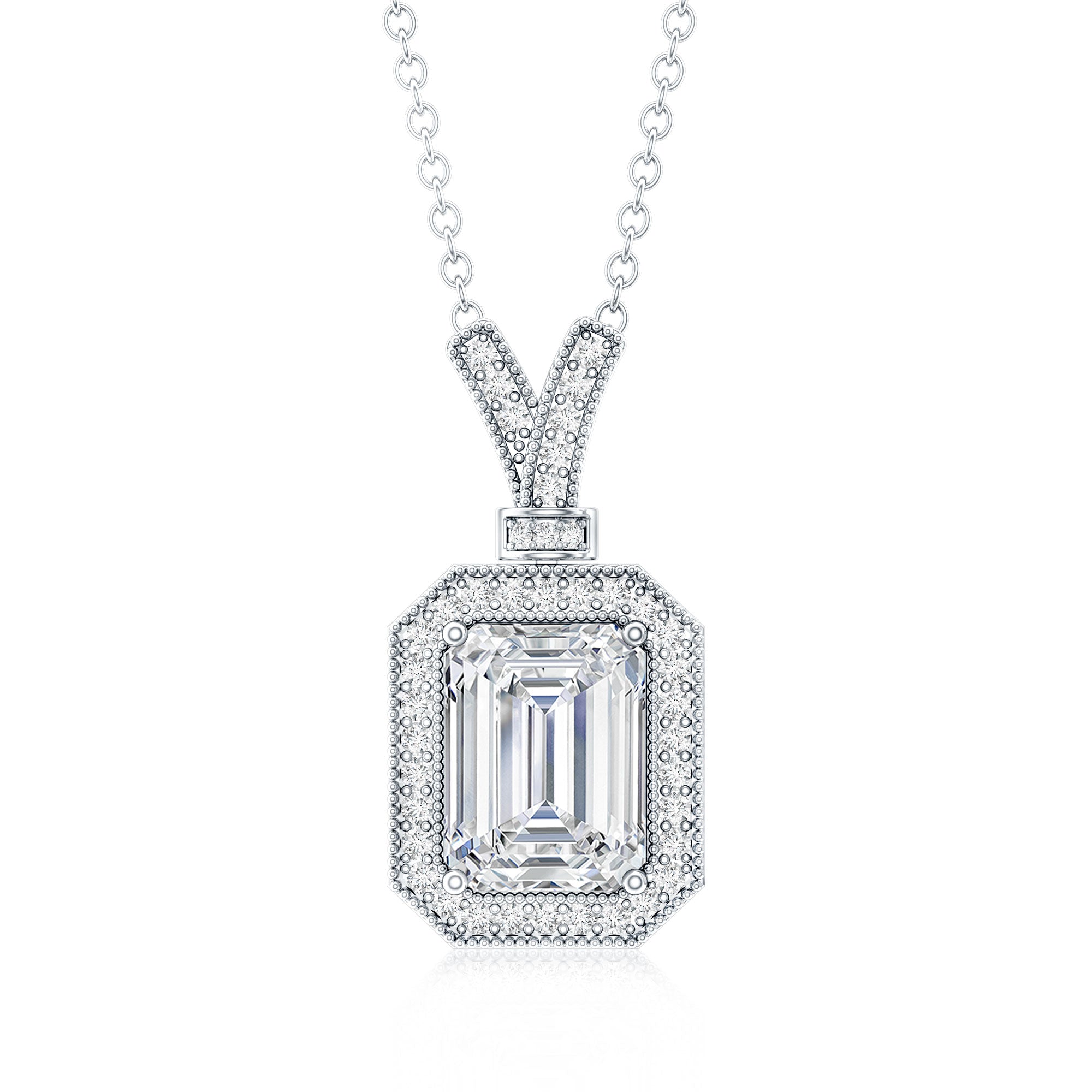 Lab Created Diamond 6X8 MM Emerald Cut Halo Necklace