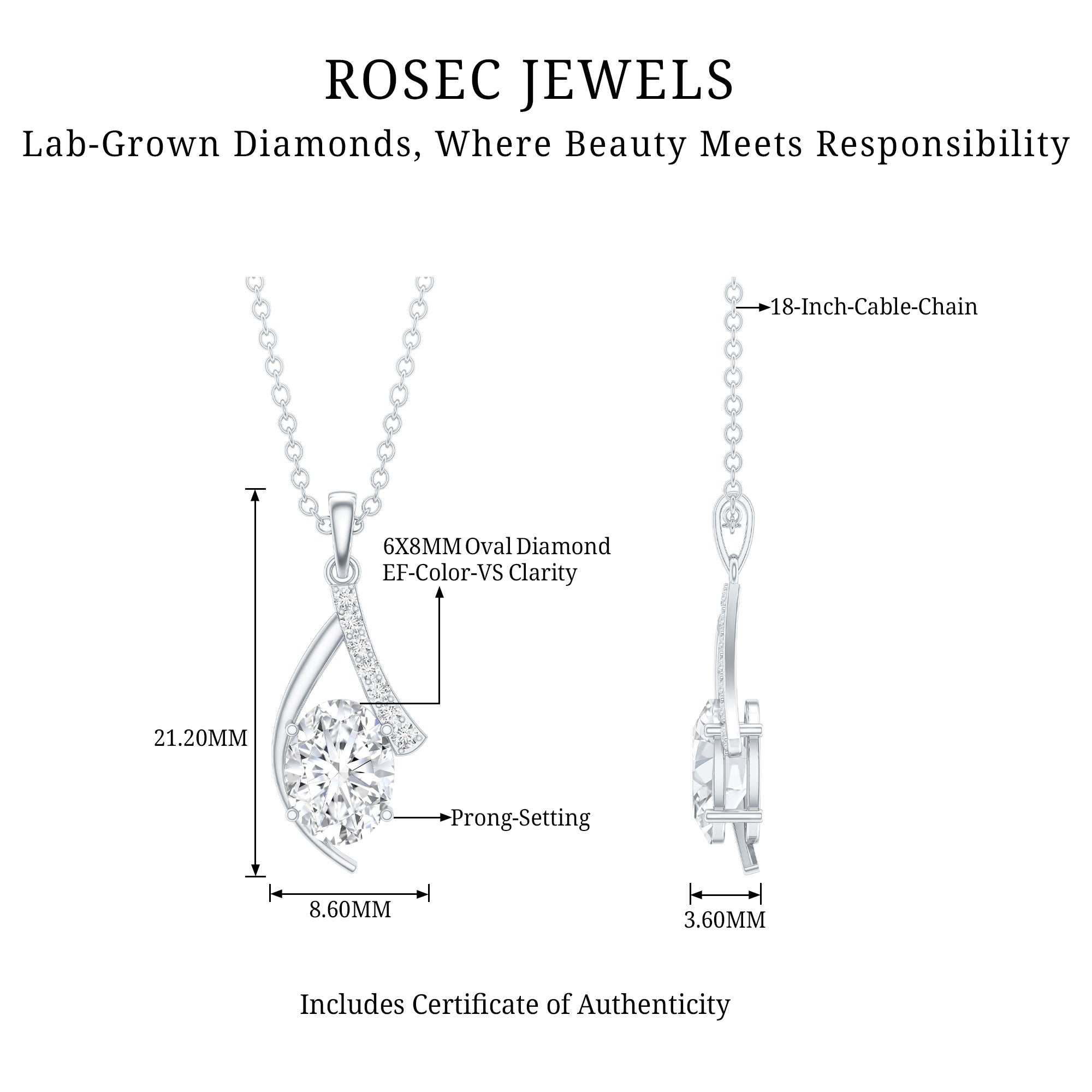 6X8 MM Oval Lab Grown Diamond Solitaire Necklace