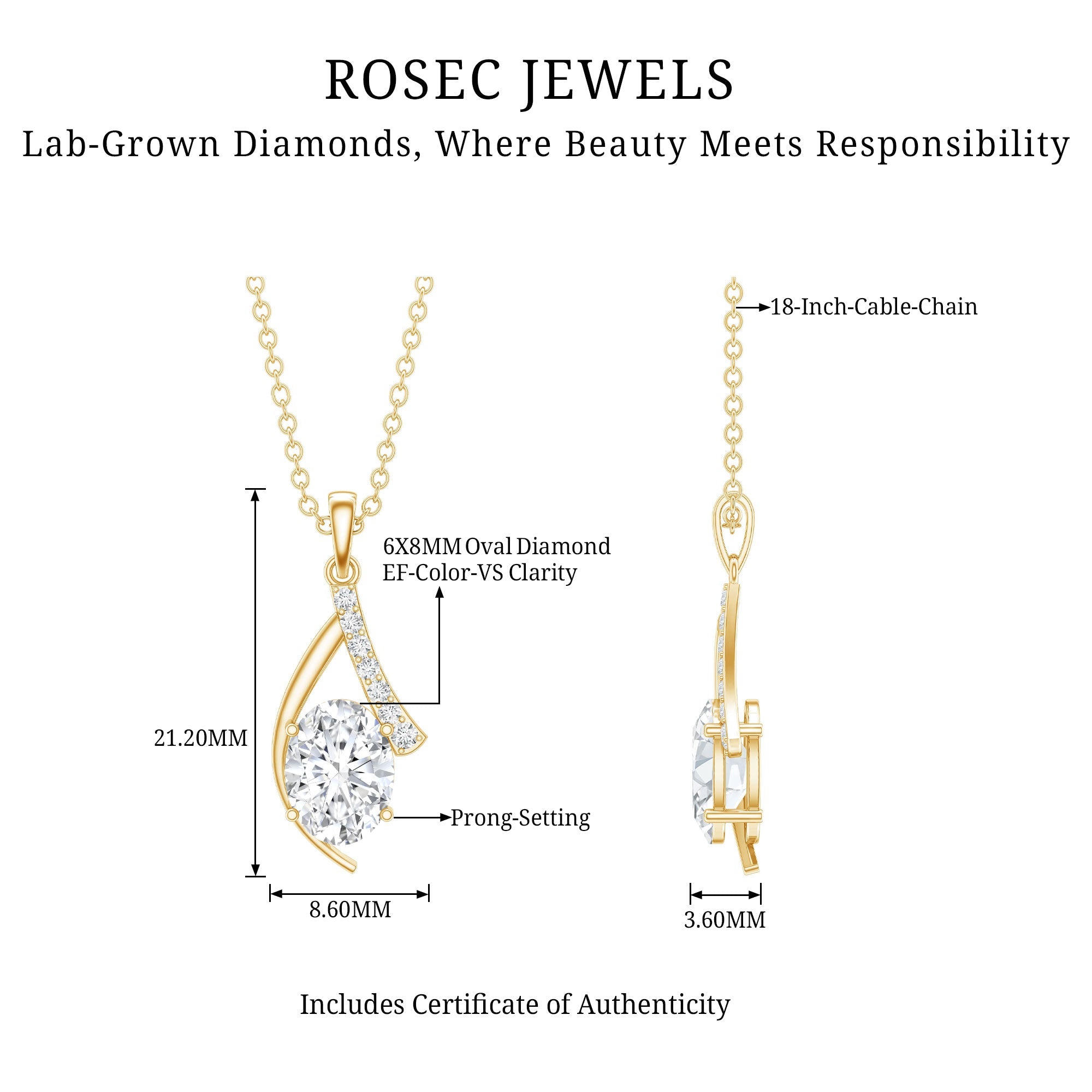 6X8 MM Oval Lab Grown Diamond Solitaire Necklace