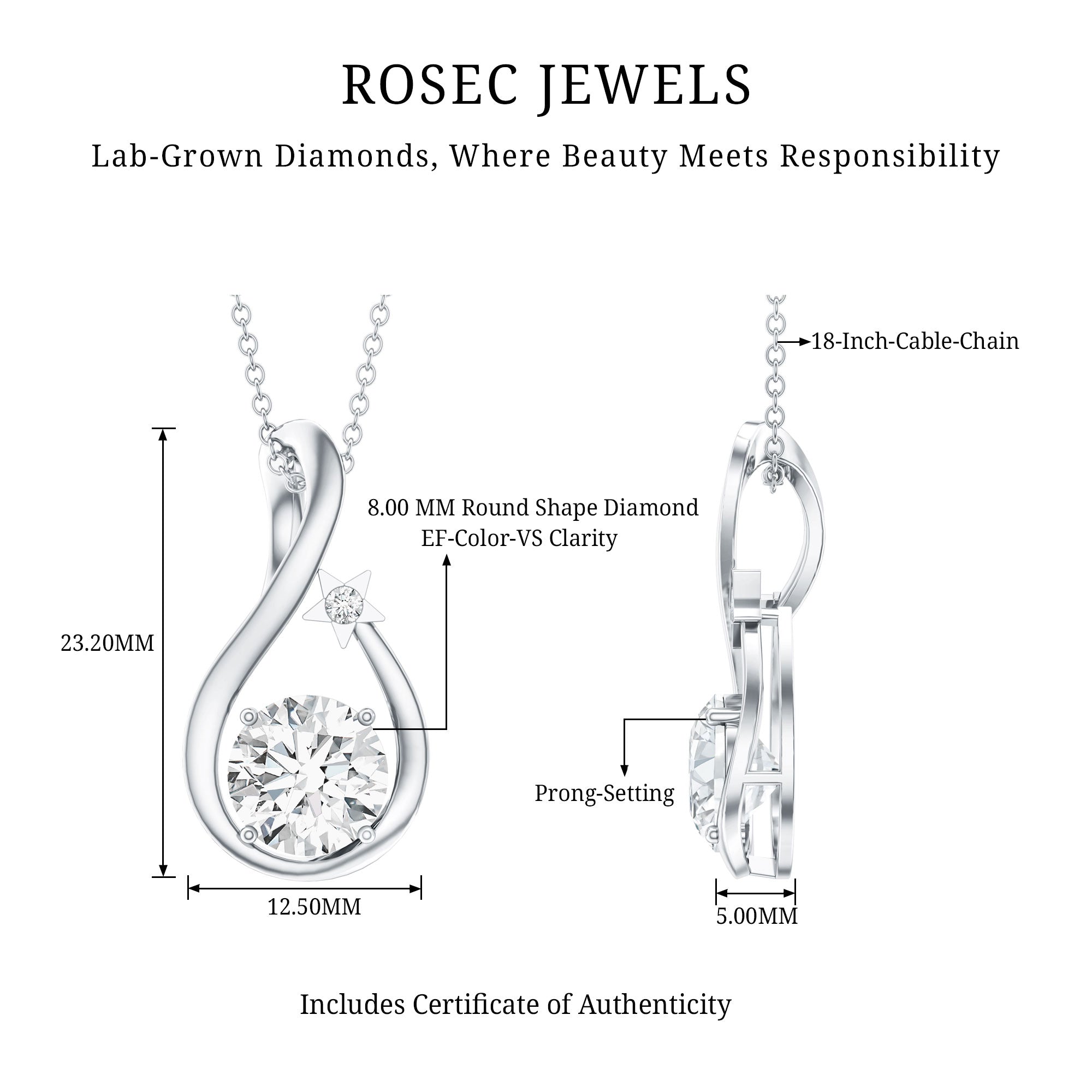 8 MM Round Solitaire Lab Grown Diamond Teardrop Necklace