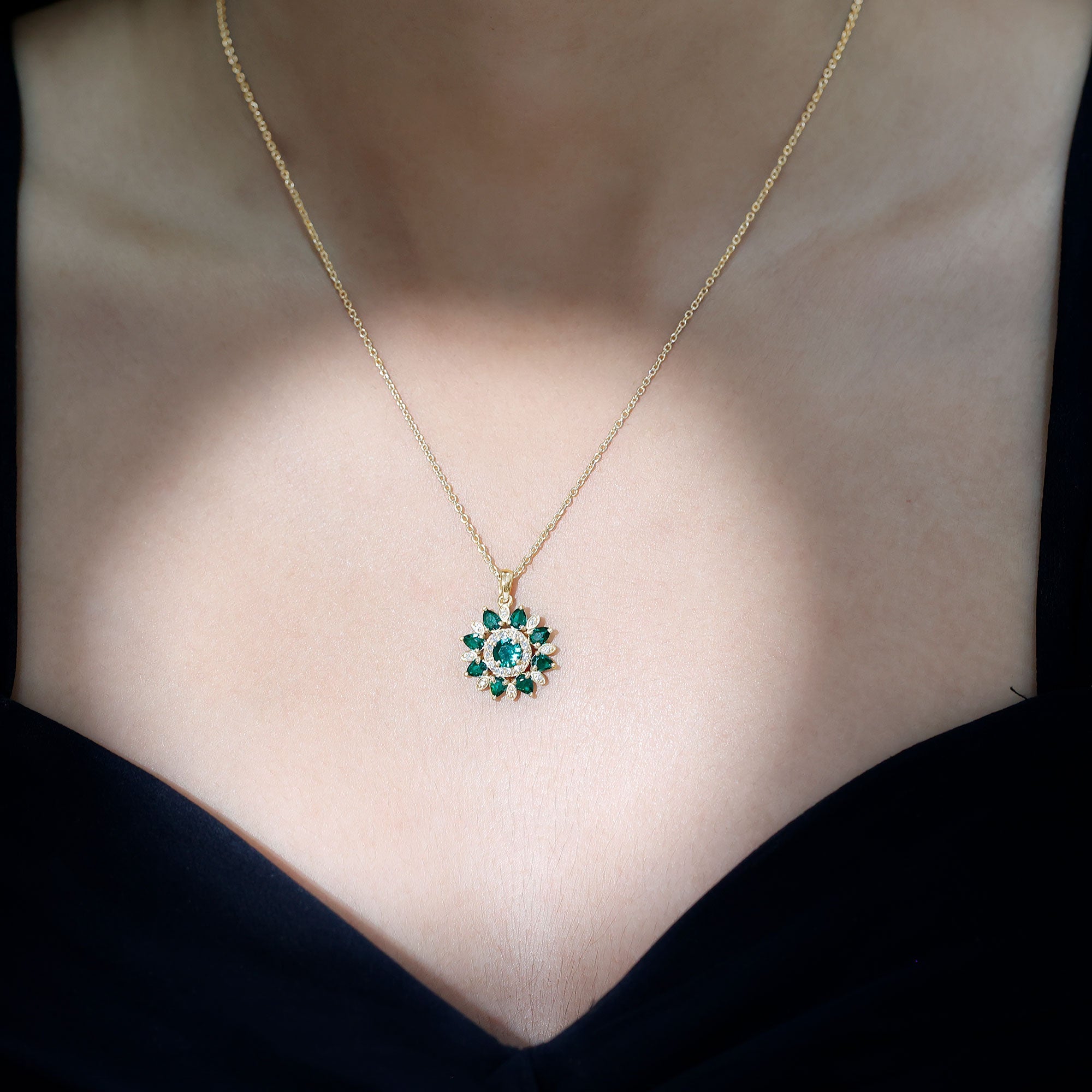Lab Created Emerald and Diamond Flower Necklace
