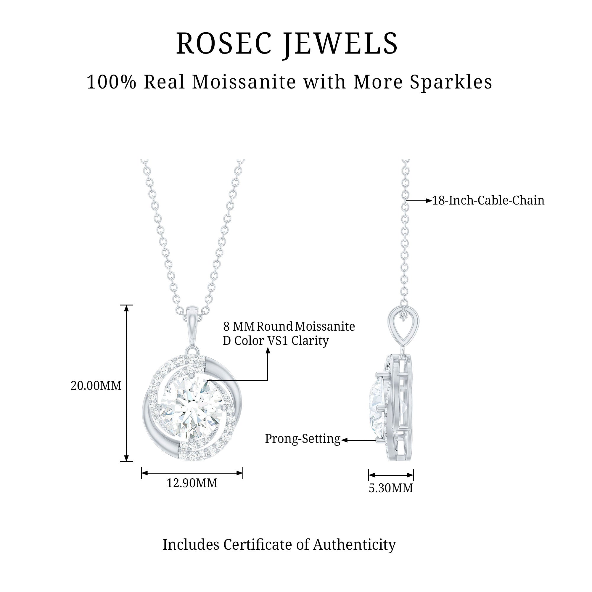 Certified 2 Ct Moissanite Swirl Necklace with Silver Chain