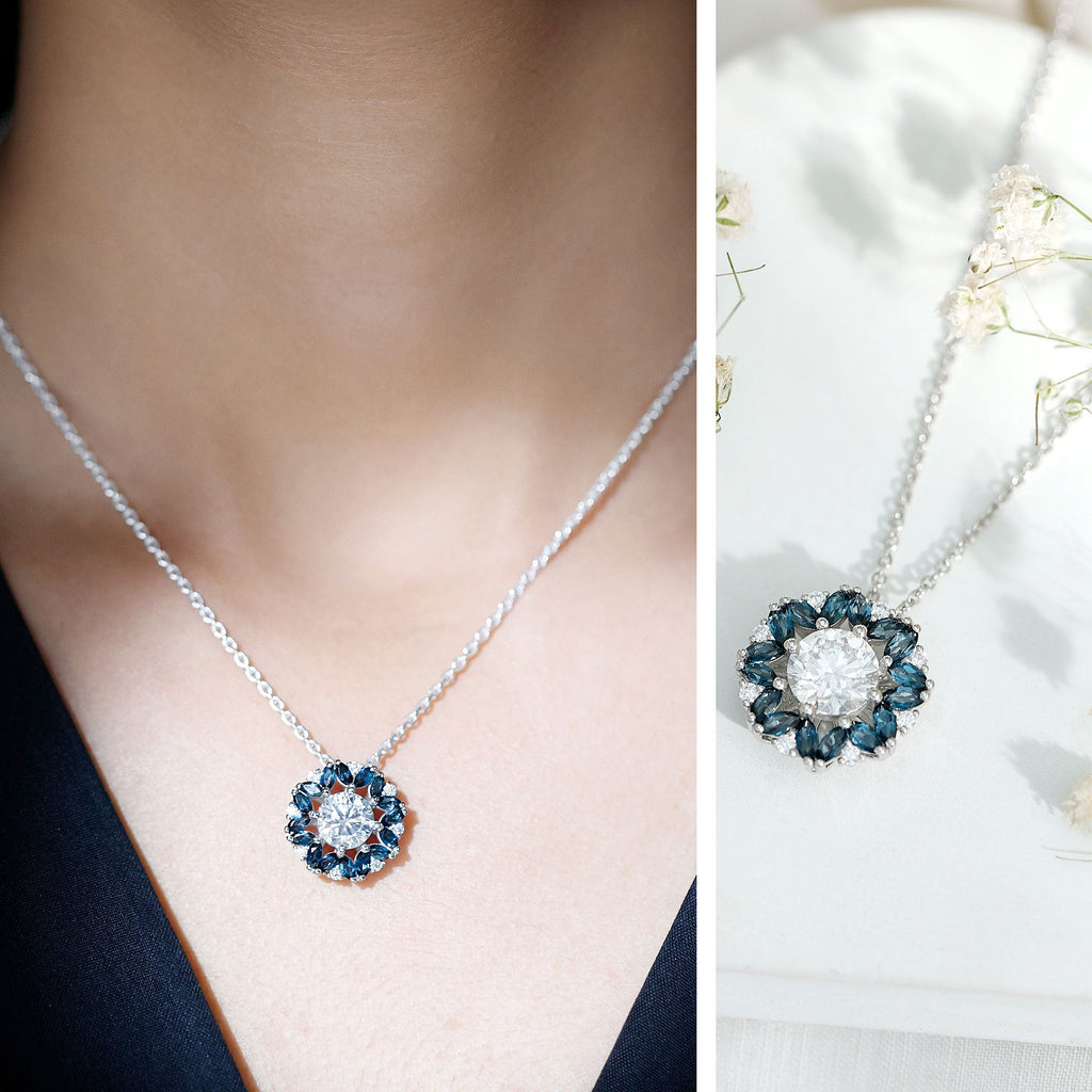 2 Carat Moissanite Statement Necklace with London Blue Topaz Halo