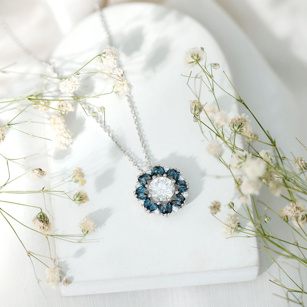 2 Carat Moissanite Statement Necklace with London Blue Topaz Halo