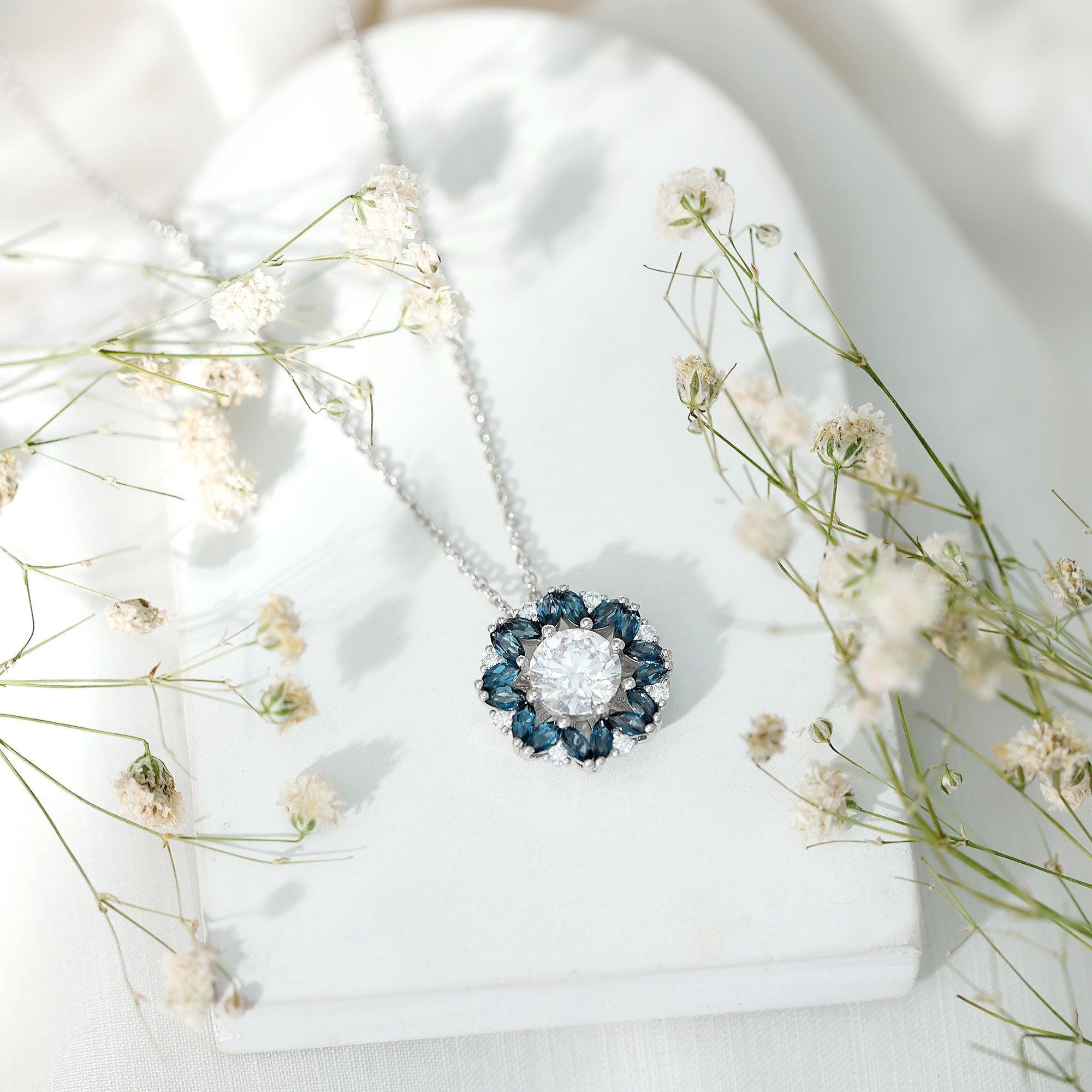 2 Carat Moissanite Statement Necklace with London Blue Topaz Halo