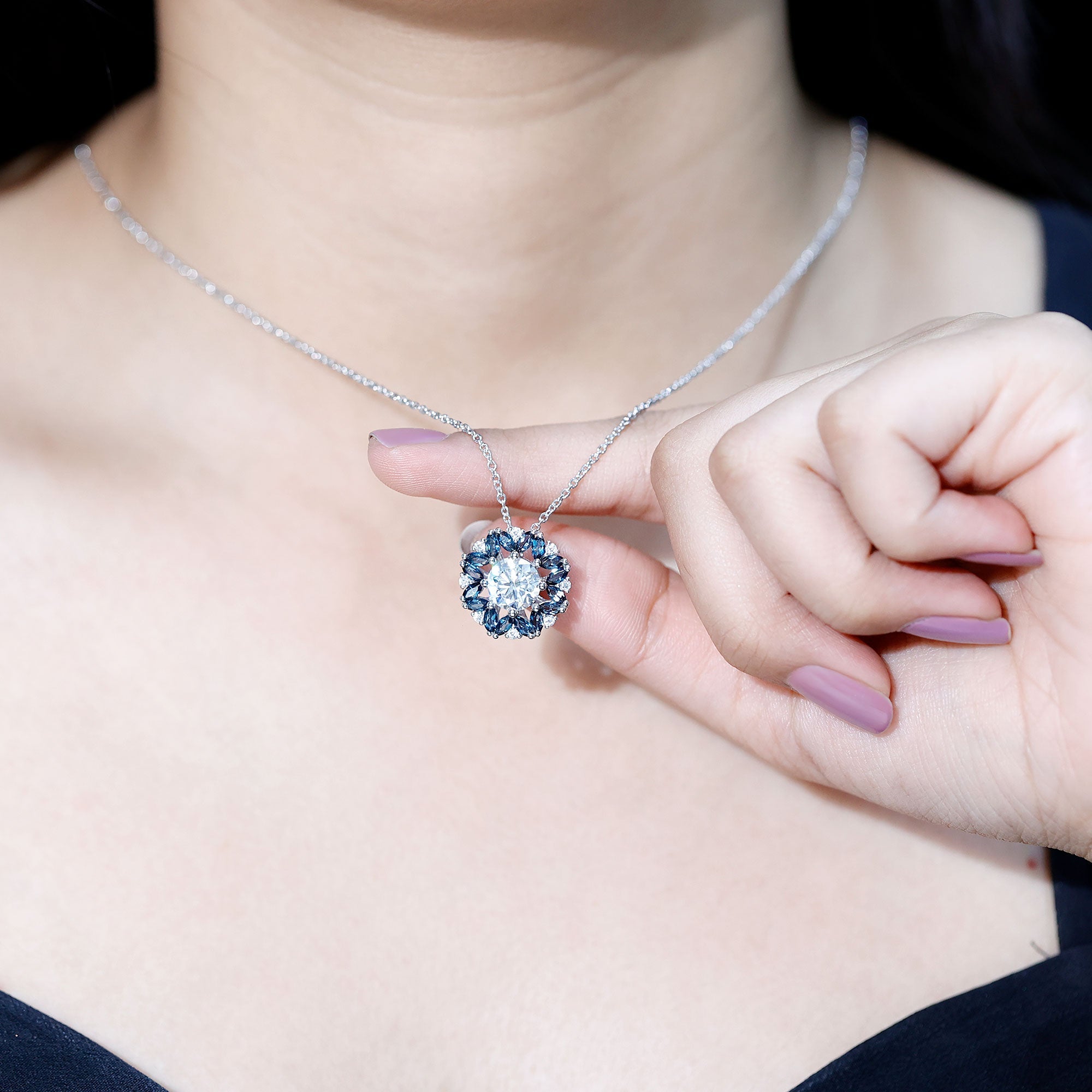 2 Carat Moissanite Statement Necklace with London Blue Topaz Halo