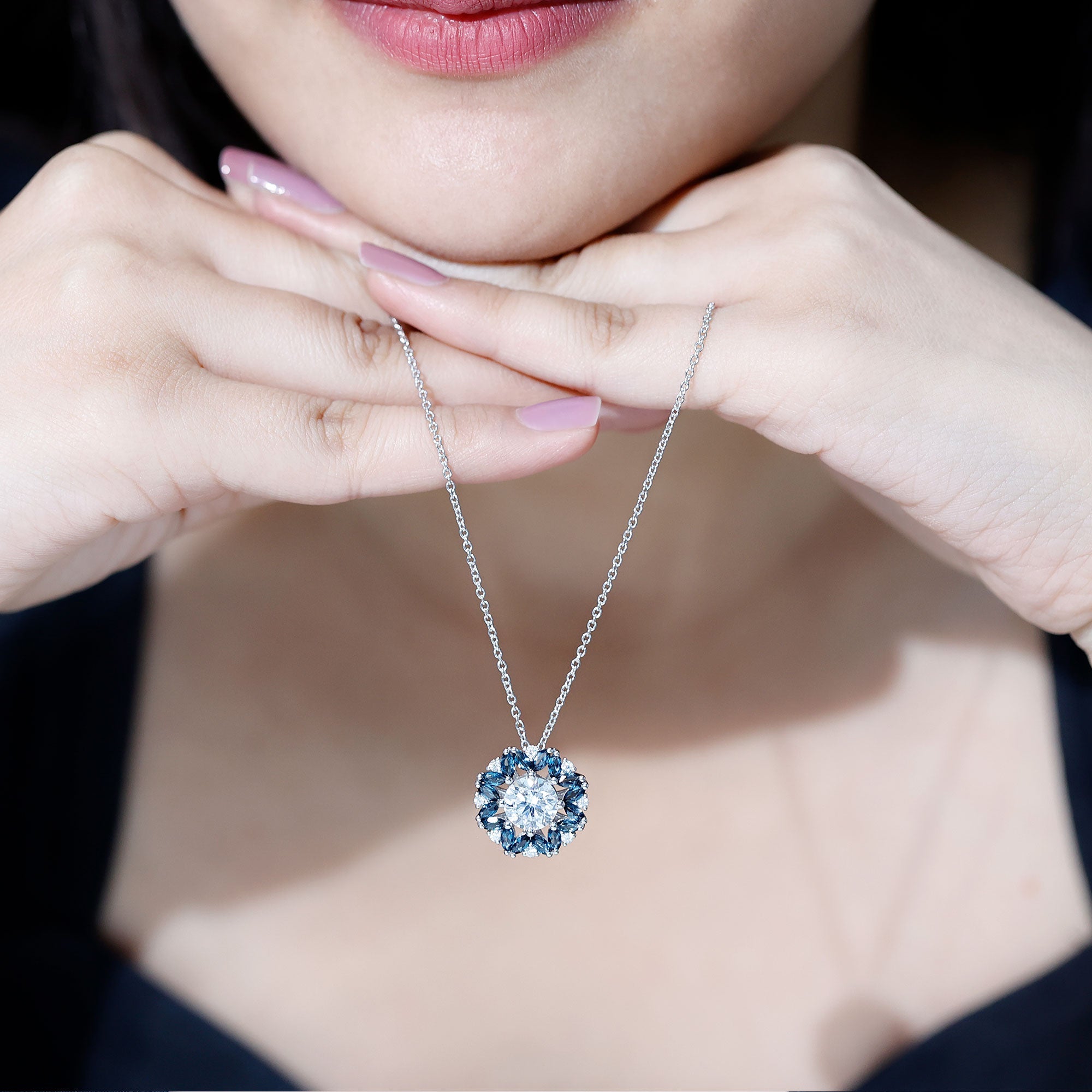 2 Carat Moissanite Statement Necklace with London Blue Topaz Halo