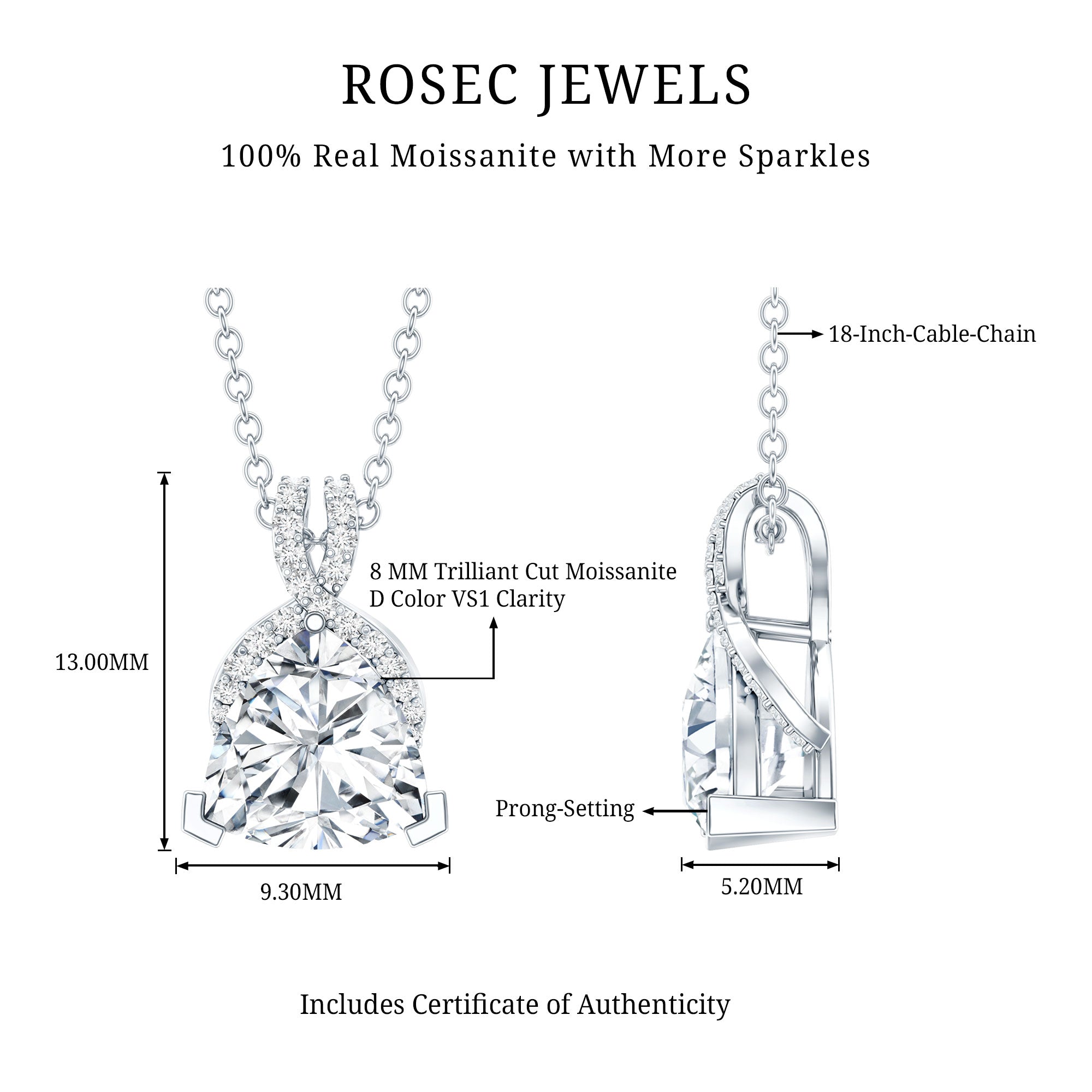 Trilliant Cut 1.6 CT Moissanite Designer Necklace with Silver Chain