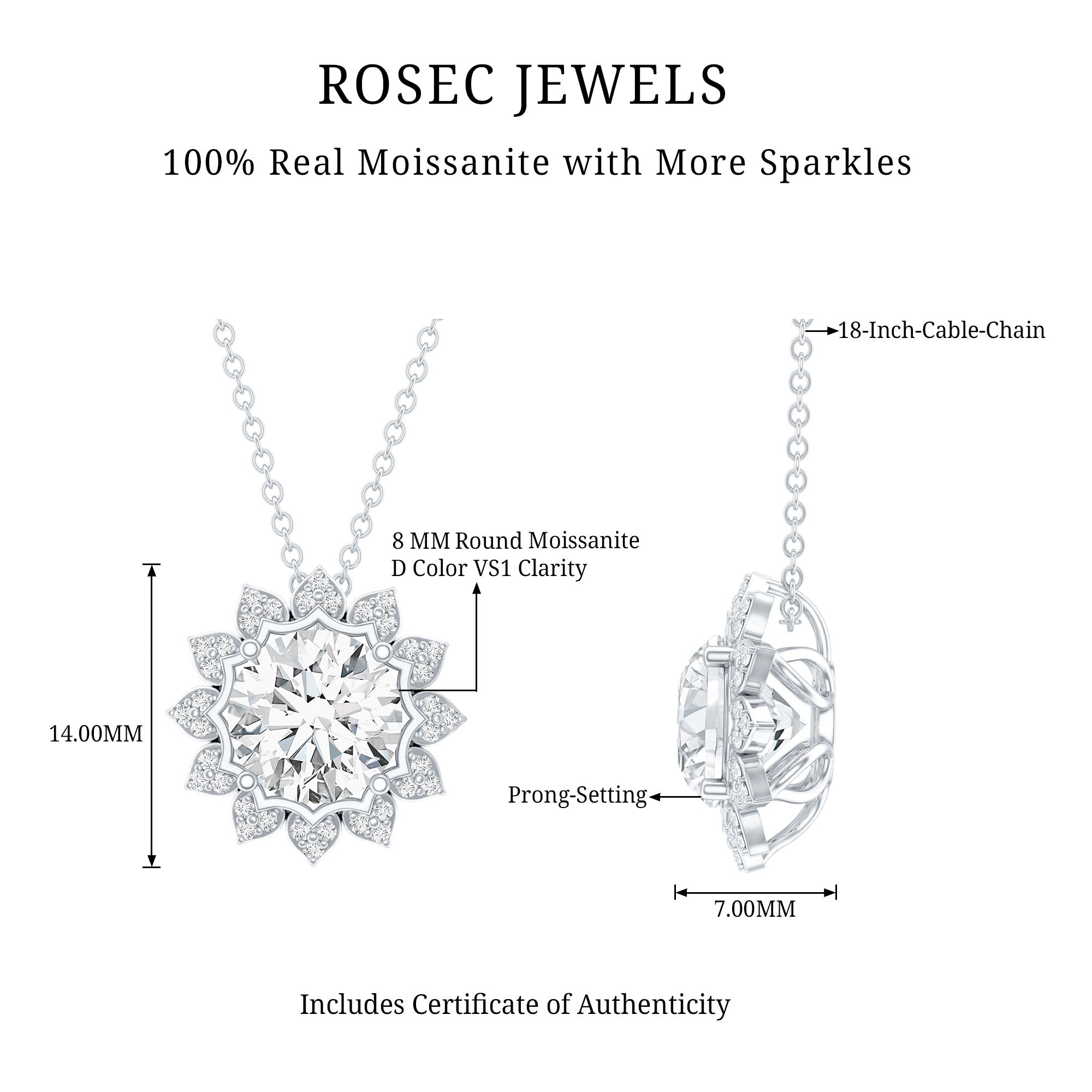 Certified 2 Carat Moissanite Sunflower Pendant Necklace with Silver Chain