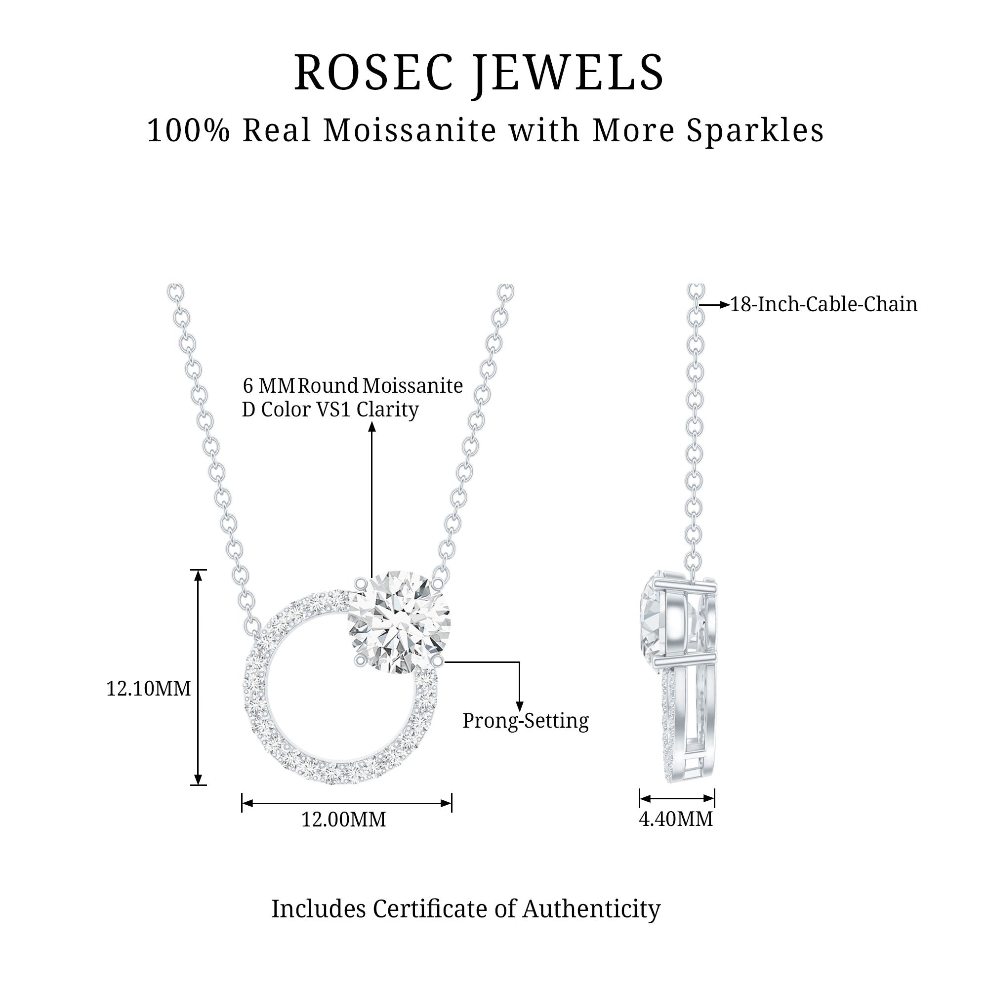 Certified 6 MM Round Moissanite Circle Necklace in Silver
