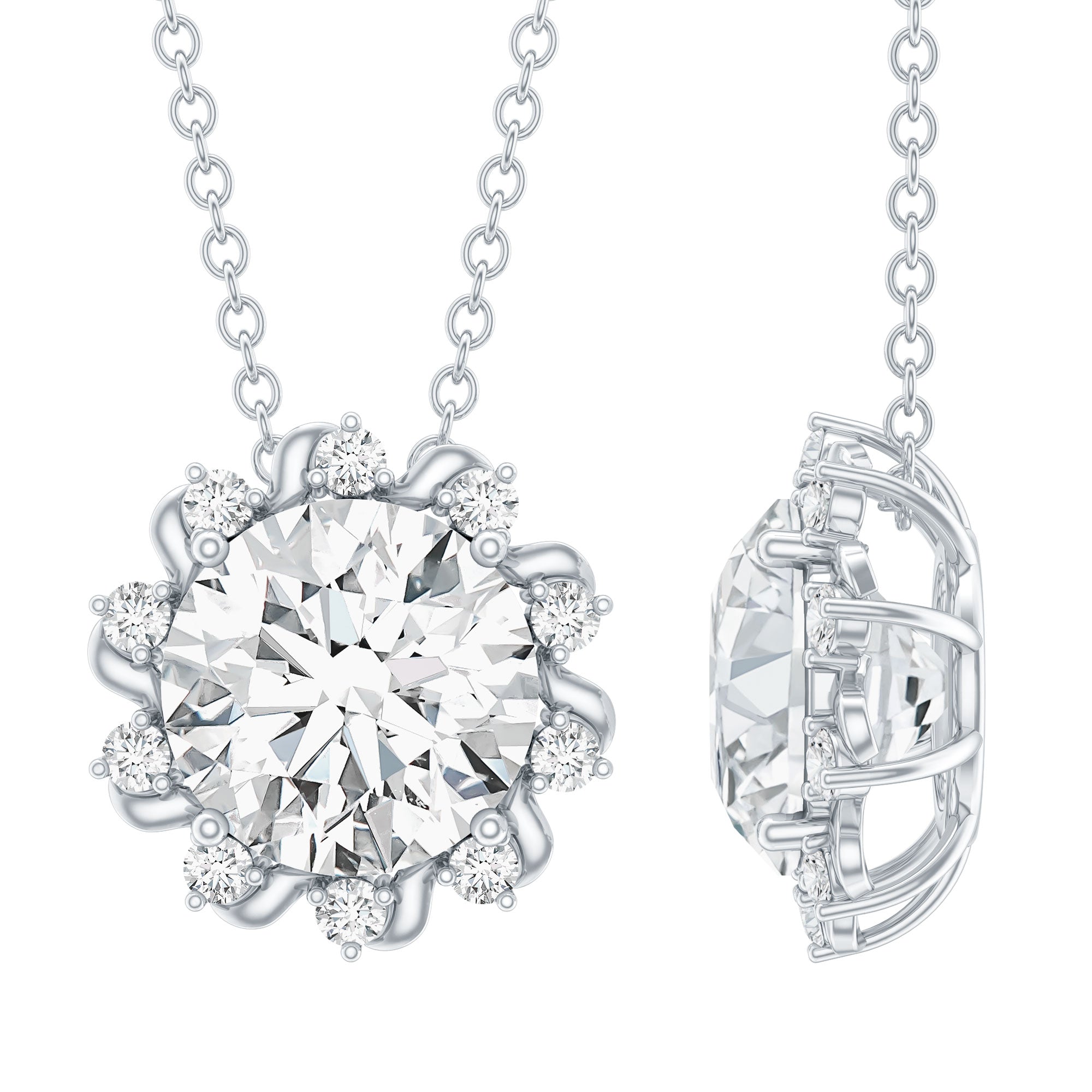 Certified 2 Carat Round Moissanite Sunburst Necklace With Silver Chain