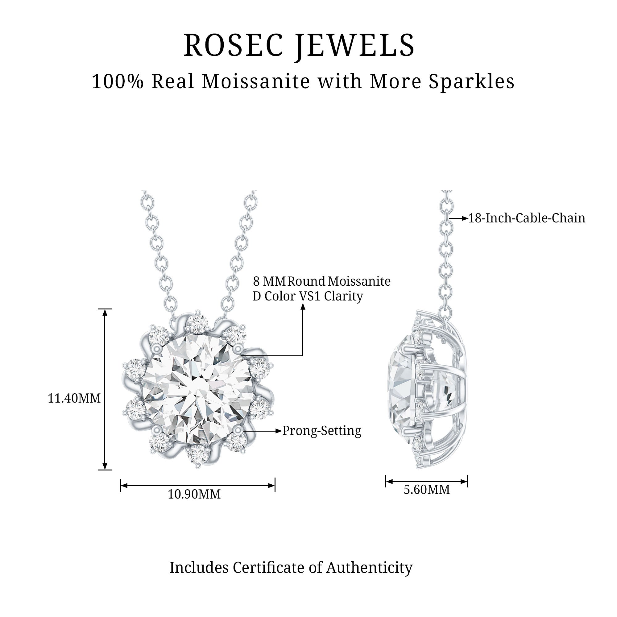 Certified 2 Carat Round Moissanite Sunburst Necklace With Silver Chain