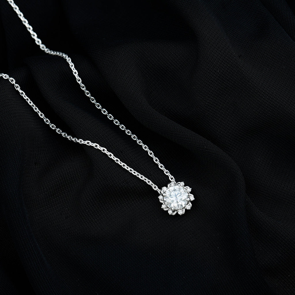 Certified 2 Carat Round Moissanite Sunburst Necklace With Silver Chain